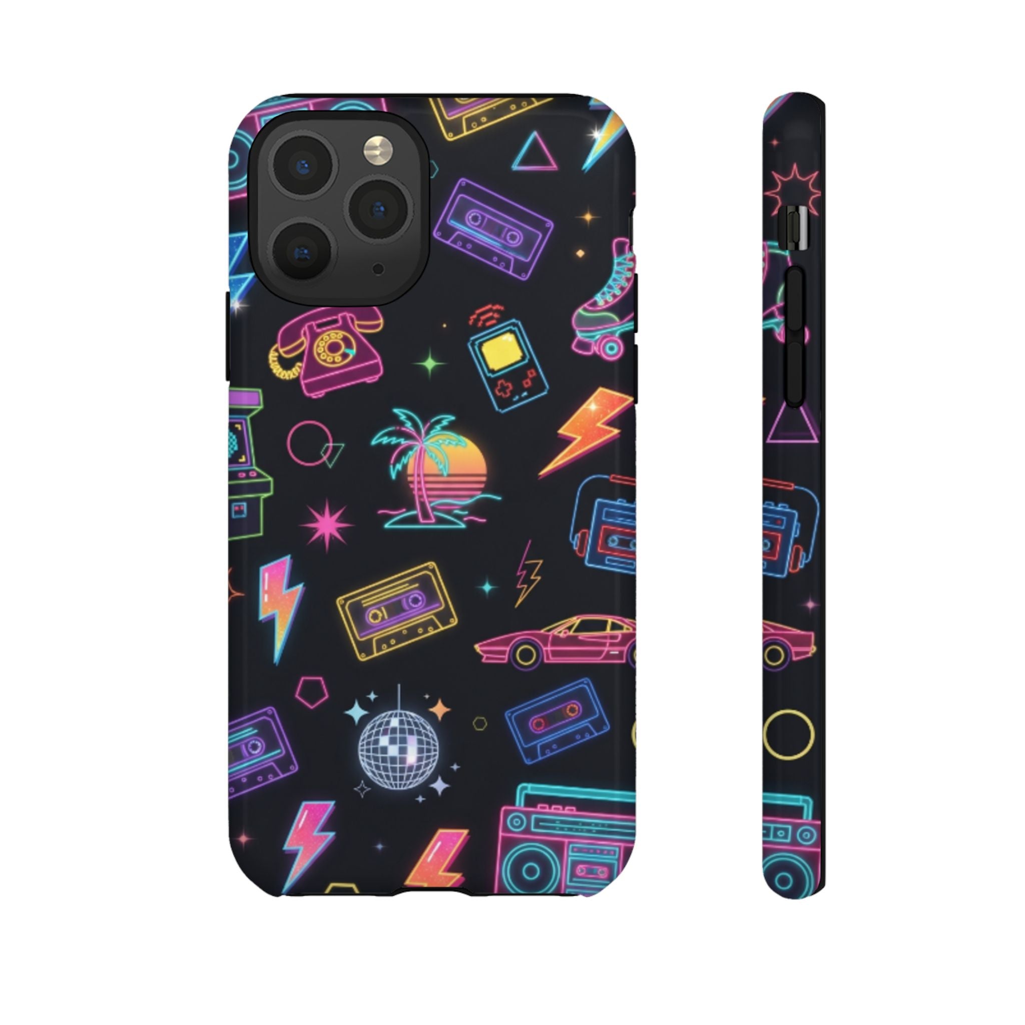 Retro Neon 80s Phone Case — Cassette, Roller Skate & Palm Tree Pattern
