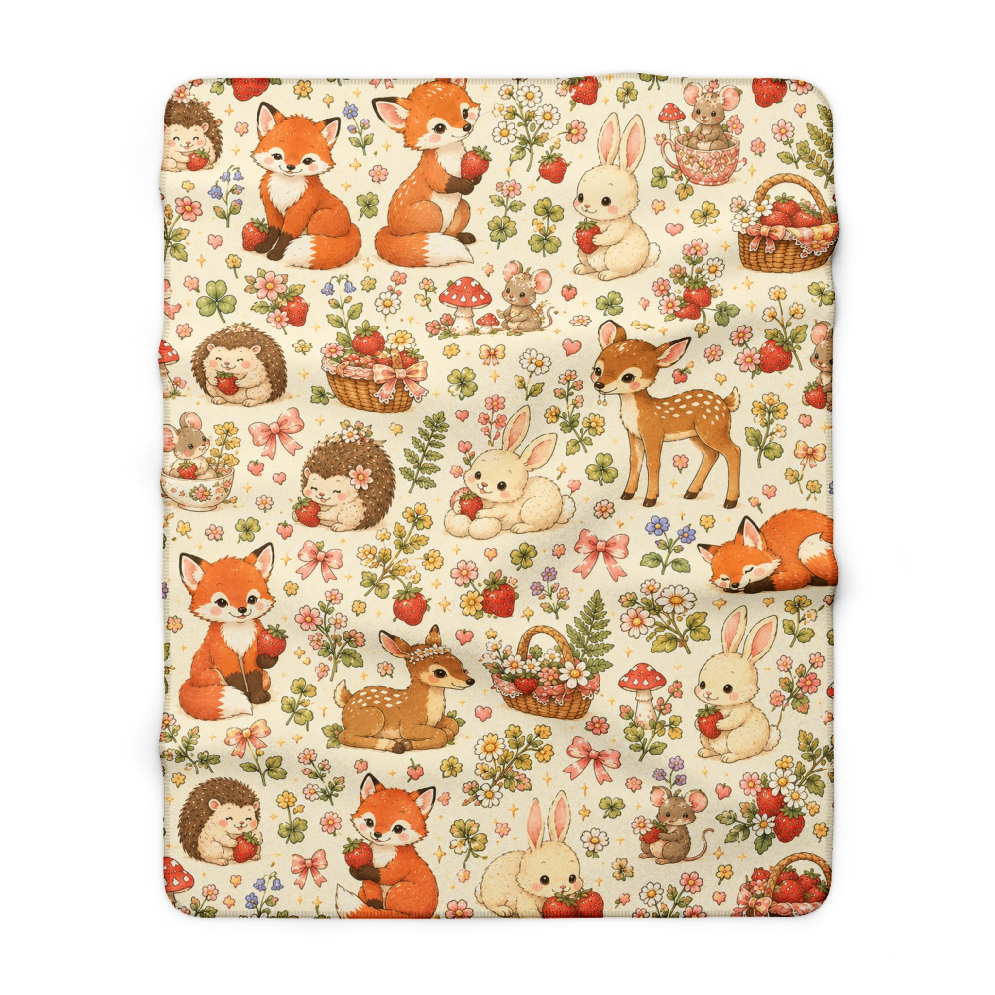 Strawberry Picnic Woodland Friends Sherpa Blanket