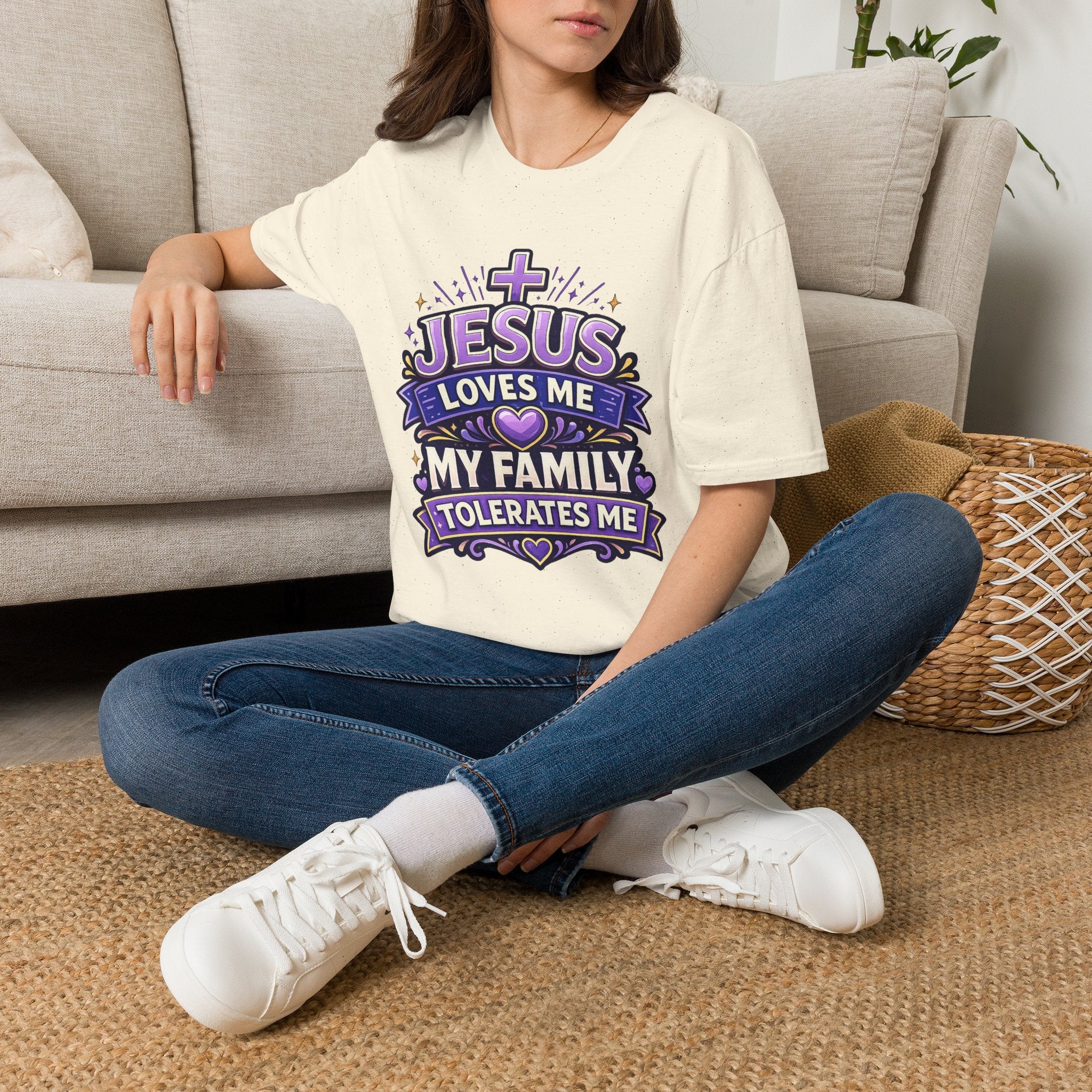 Christian T-Shirt — "Jesus Loves Me, My Family Tolerates Me" Graphic Tee