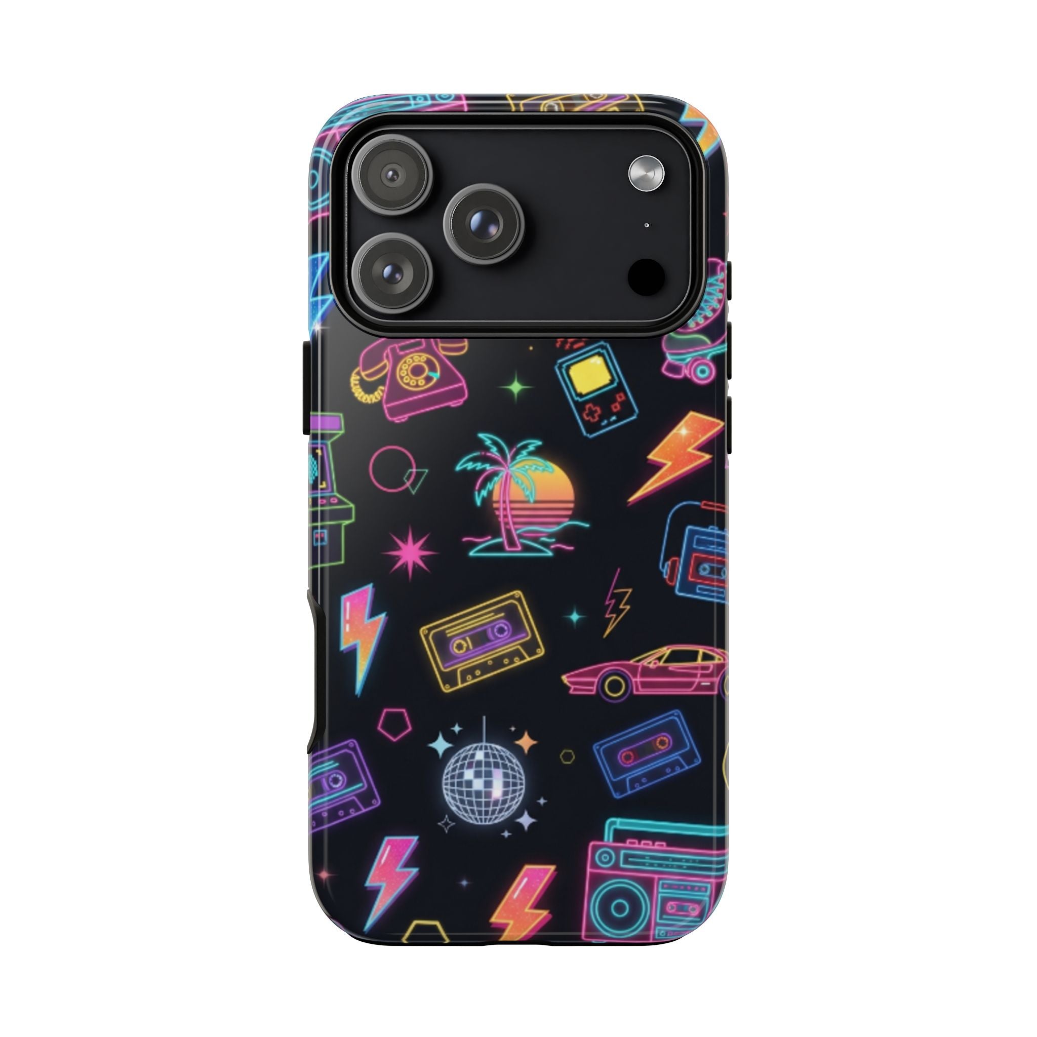 Retro Neon 80s Phone Case — Cassette, Roller Skate & Palm Tree Pattern