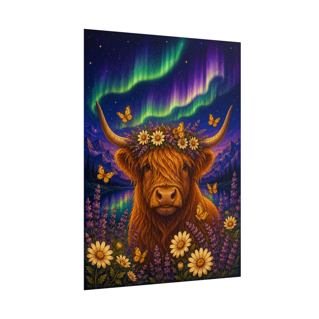 Highland Cow Aurora Sky Poster — Floral Highland Cattle Wall Art