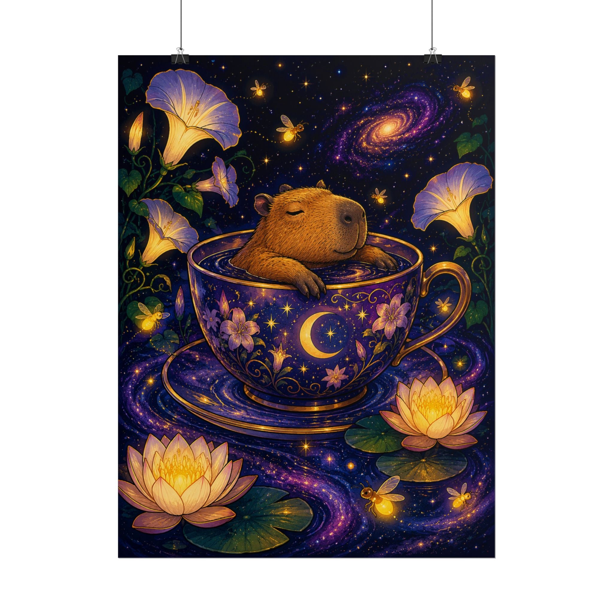 Whimsical Nightcap Poster — Capybara in Teacup Starry Garden Rolled Art Print