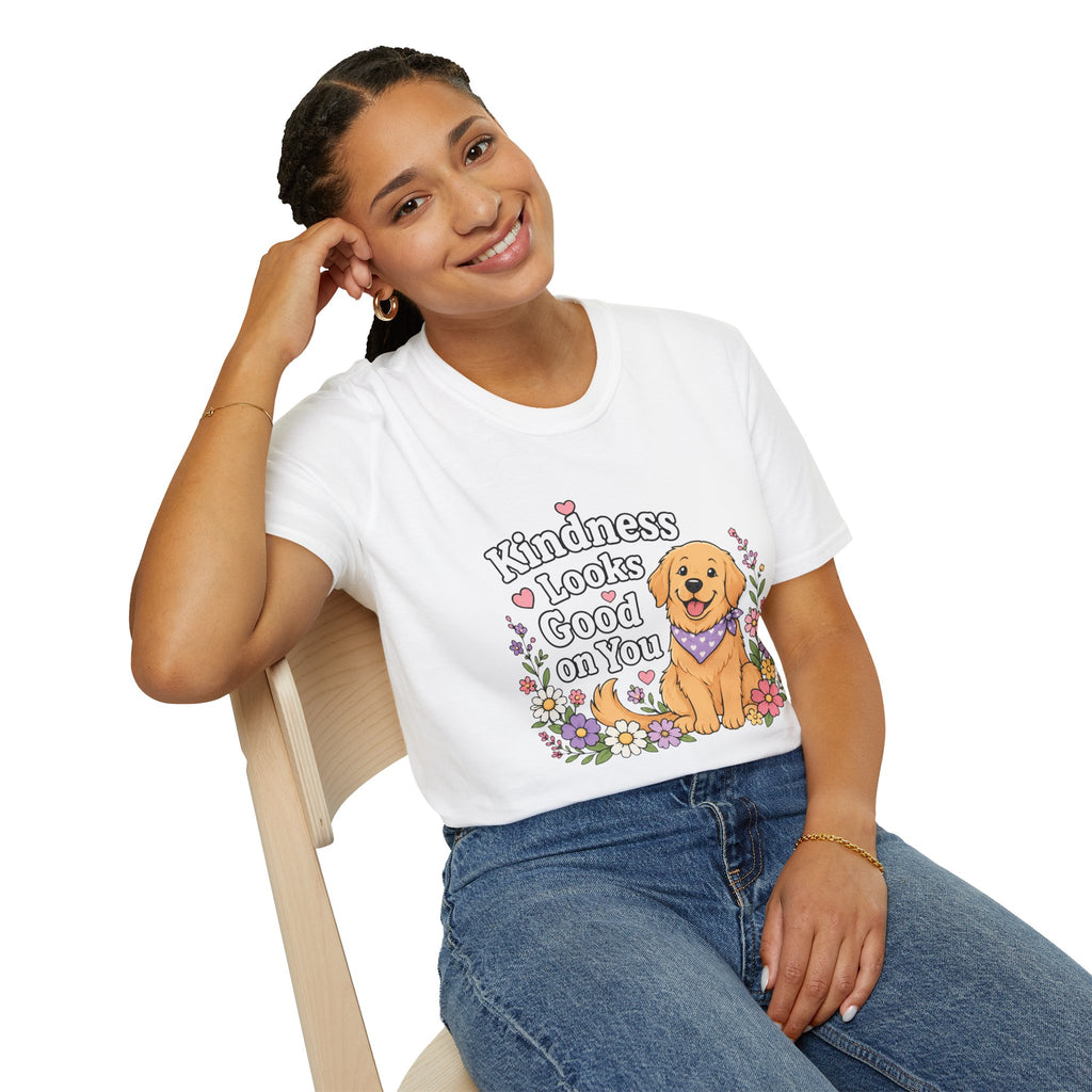 Kindness Looks Good on You T-Shirt — Cute Golden Retriever Floral Tee