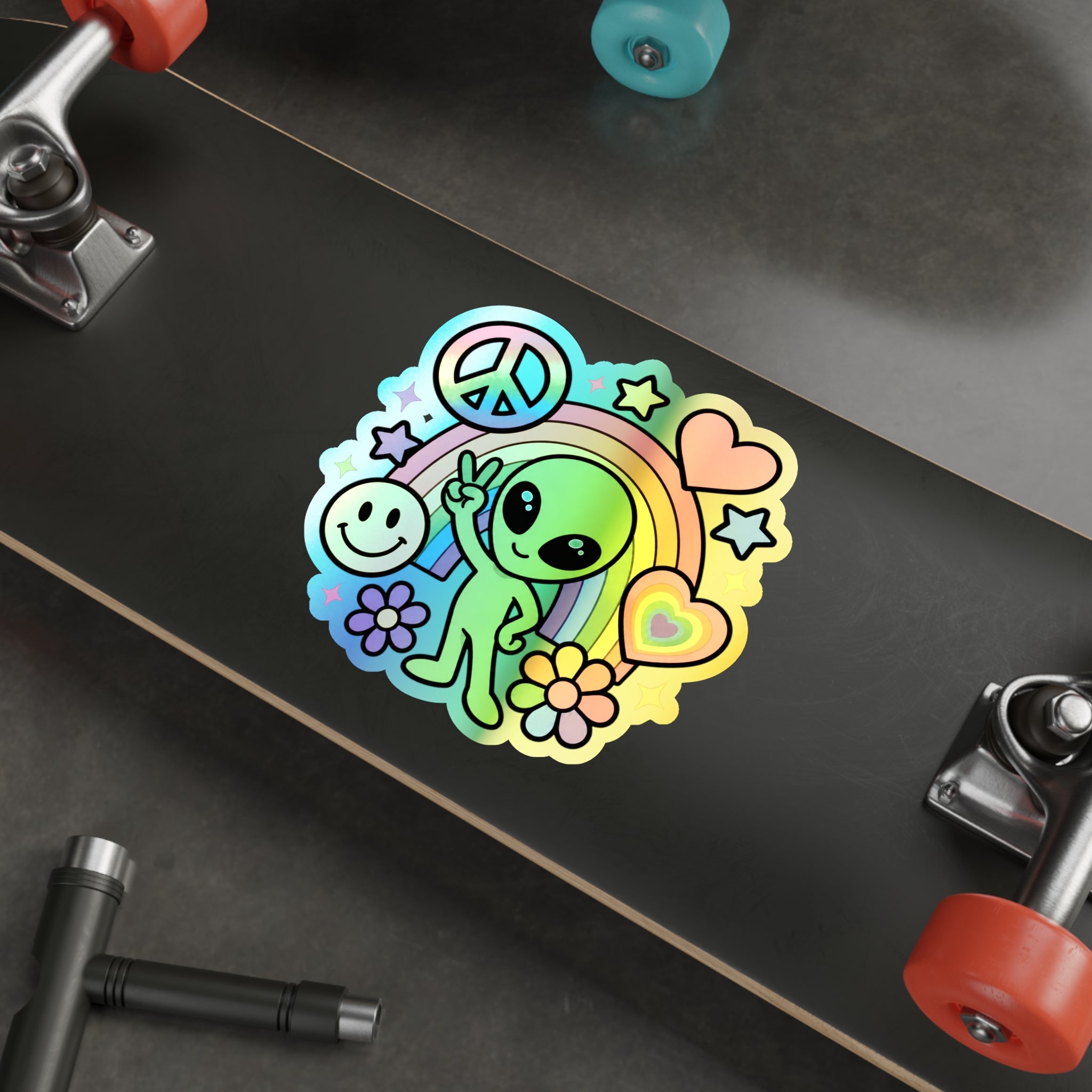 Holographic Alien Peace Sticker — Rainbow Die-Cut Vinyl #02