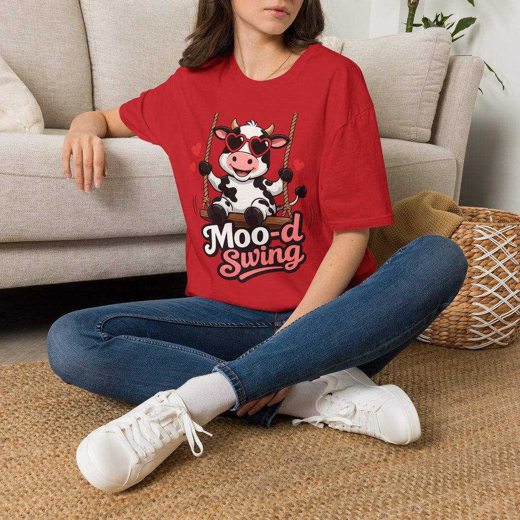 T-Shirt - "Moo-d Swing" Cute Cow on Swing Graphic Tee