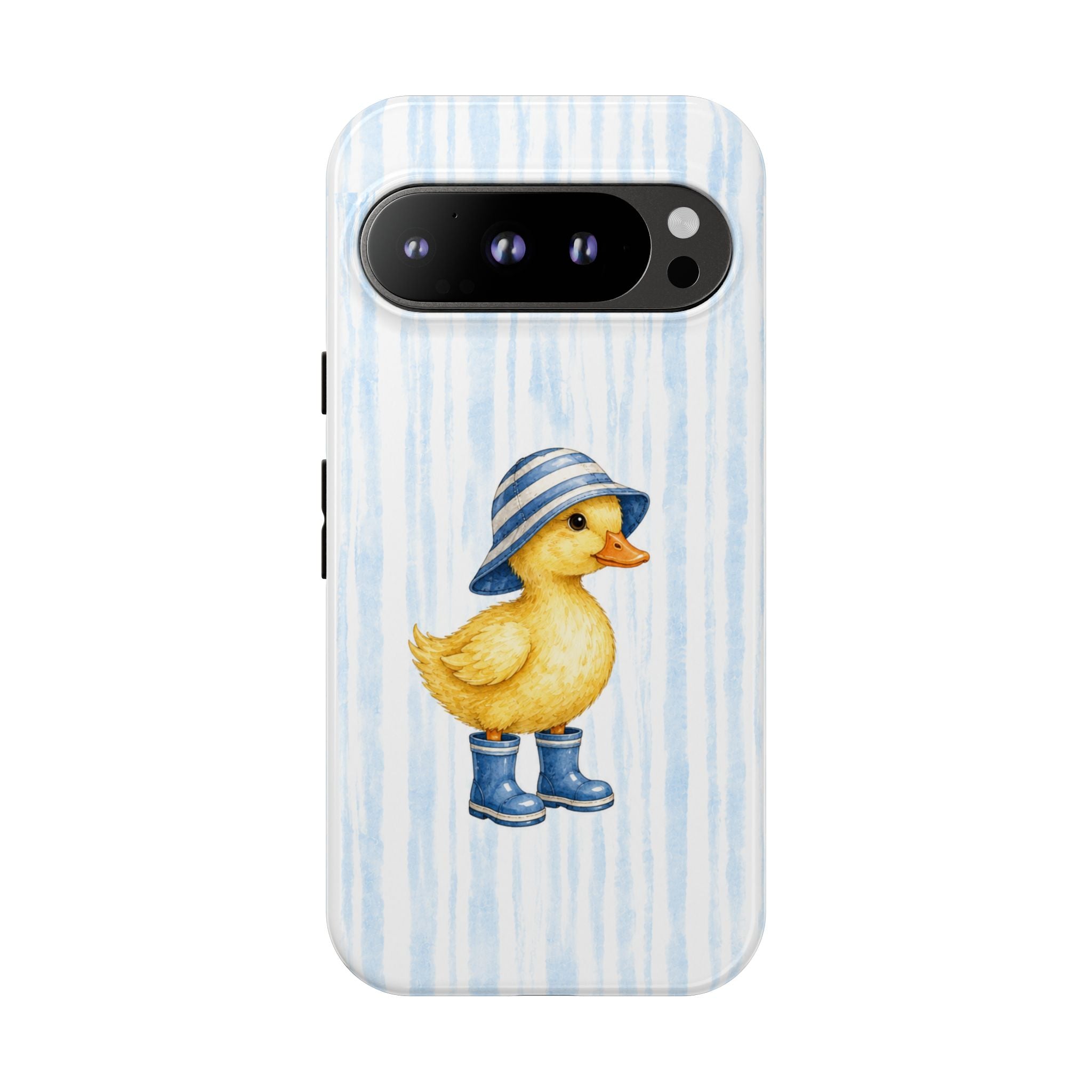 Cute Duckling Phone Case – Baby Blue Stripes with Duck in Hat & Boots