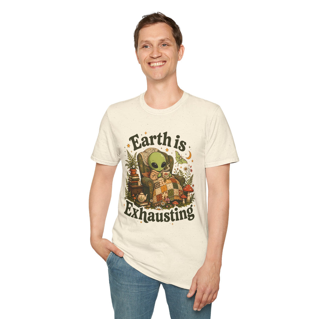 Earth Is Exhausting Alien T-Shirt — Cute Retro Cozy Space Graphic Tee