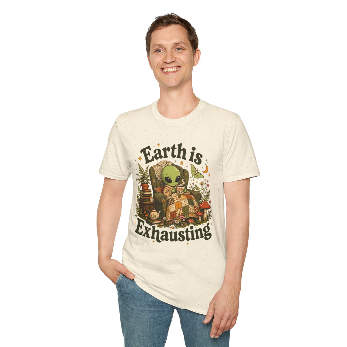 Earth Is Exhausting Alien T-Shirt — Cute Retro Cozy Space Graphic Tee