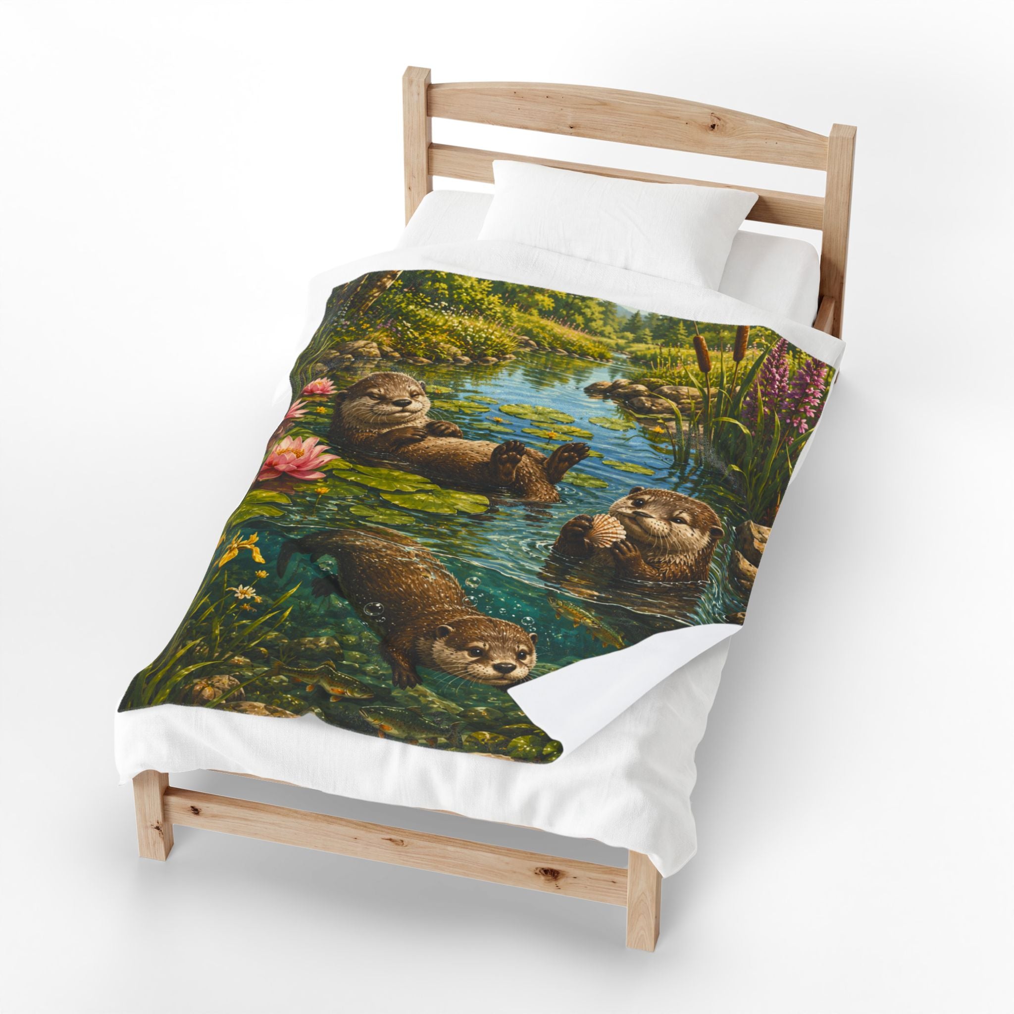 Otter Pond Velveteen Plush Blanket — Cozy Floral River Animal Throw