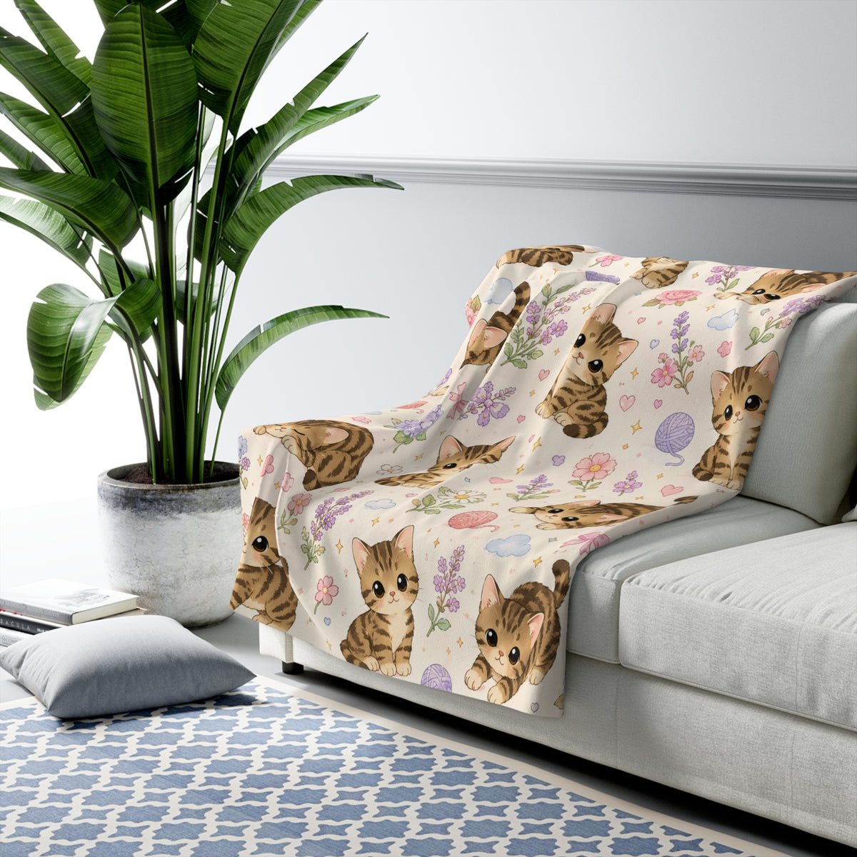 Cute Kitten Sherpa Blanket — Soft Fleece Cat Print Throw for Cozy Lounging & Gifts