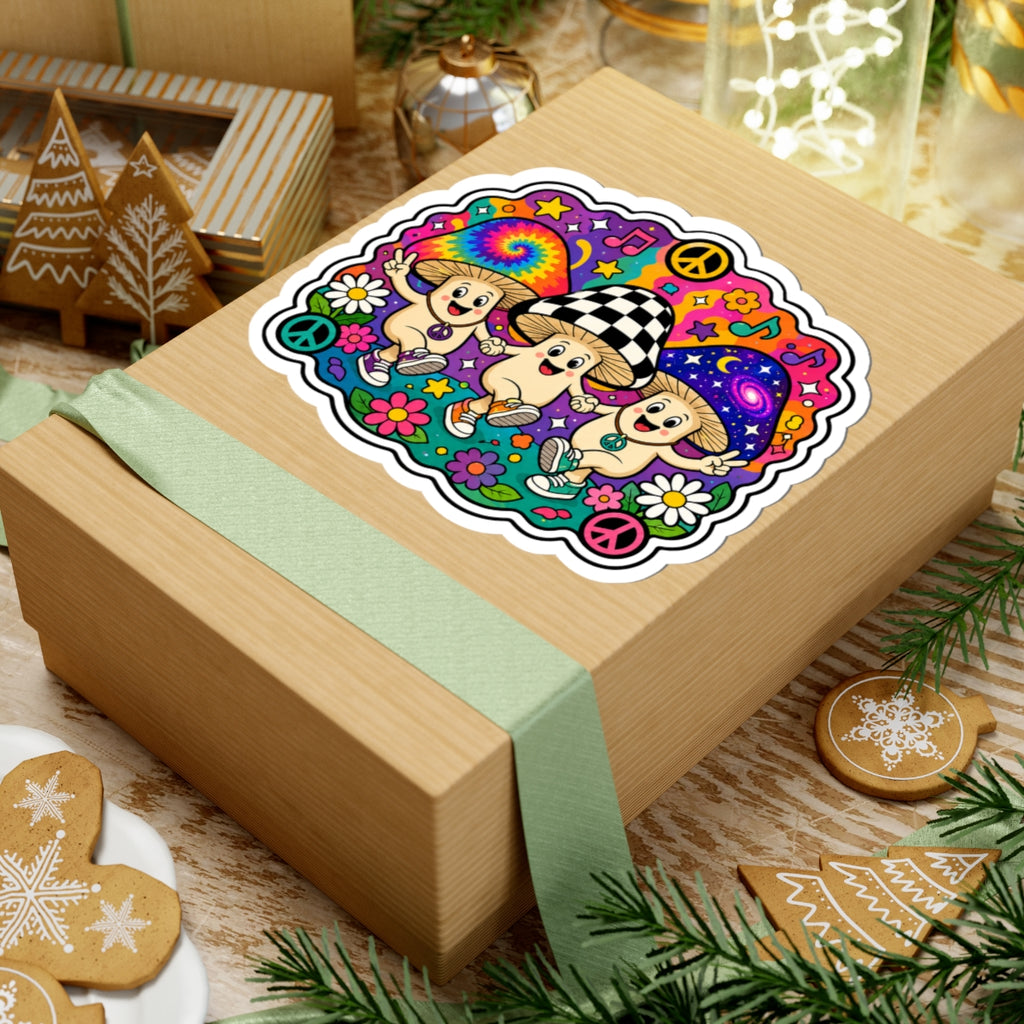 Psychedelic Mushroom Trio Kiss-Cut Sticker — Cute Hippie Peace & Flowers
