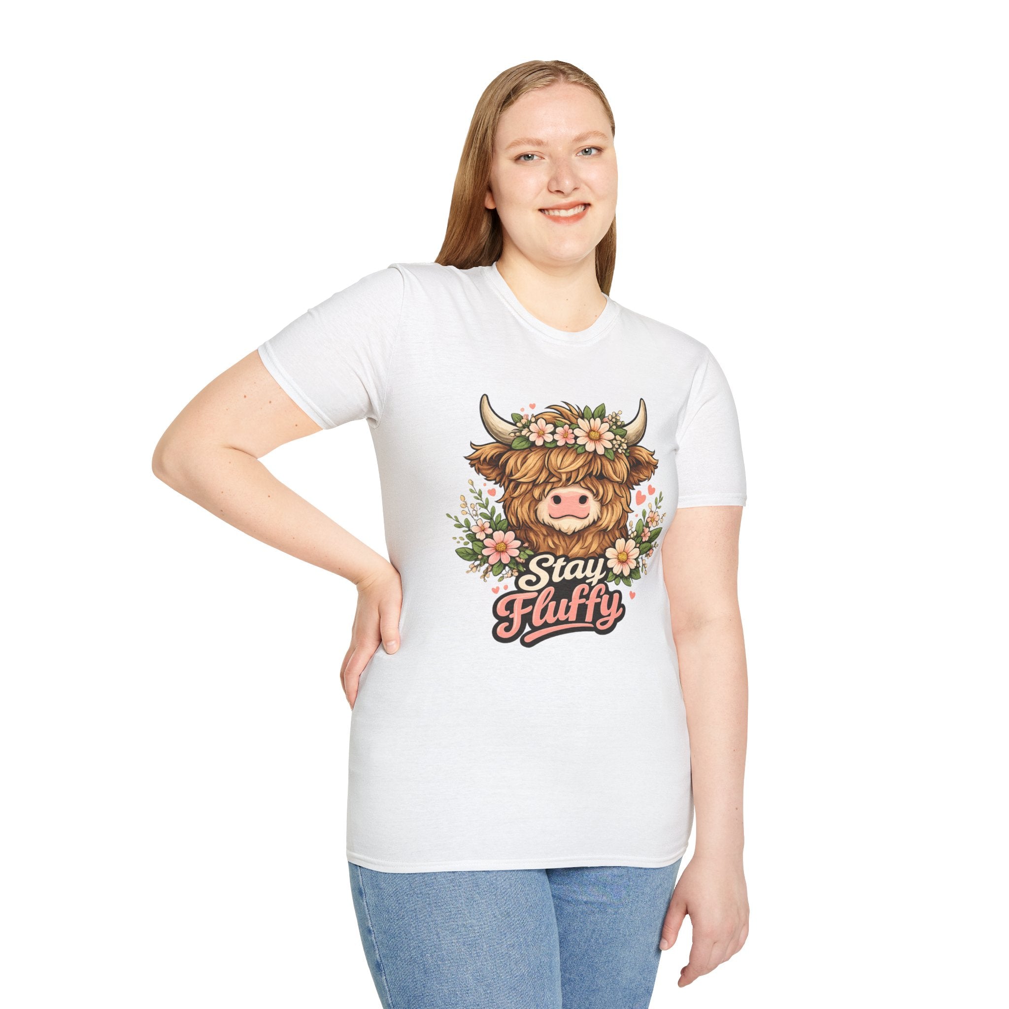 Highland Cow "Stay Fluffy" T-Shirt — Floral Highland Cattle Graphic Tee