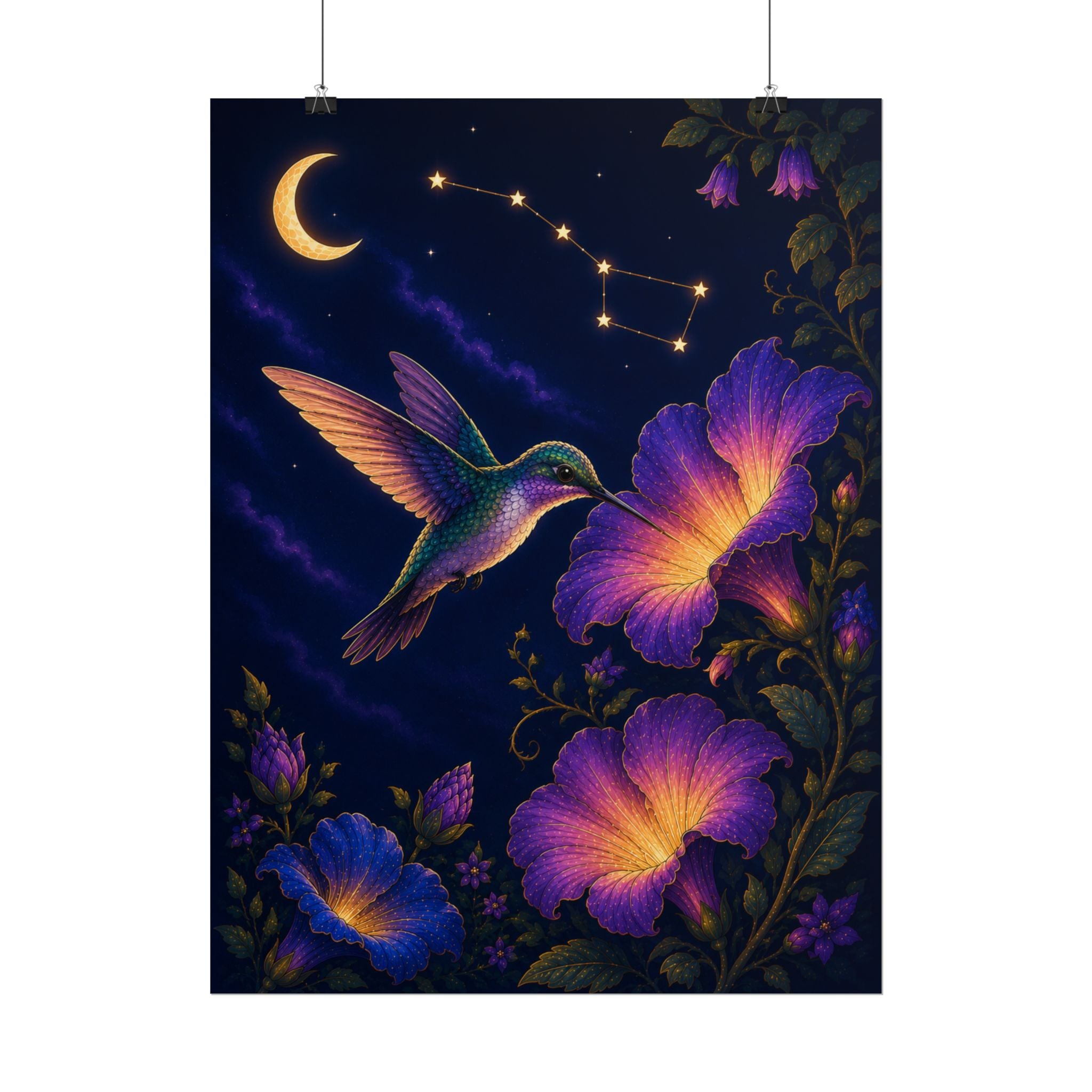 Hummingbird Moon Poster — Celestial Floral Night Wall Art