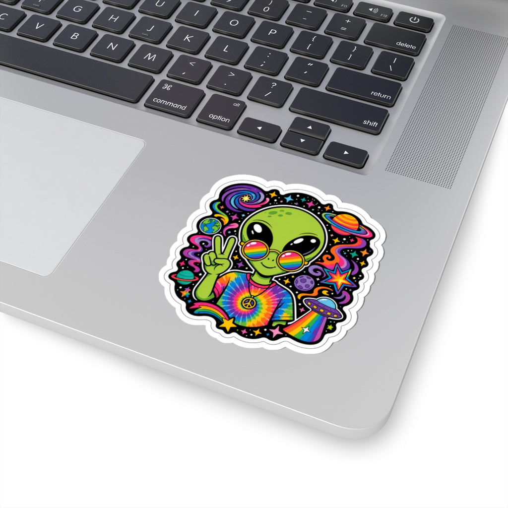 Psychedelic Alien Peace Sticker — Rainbow Tie-Dye UFO Kiss-Cut Decal