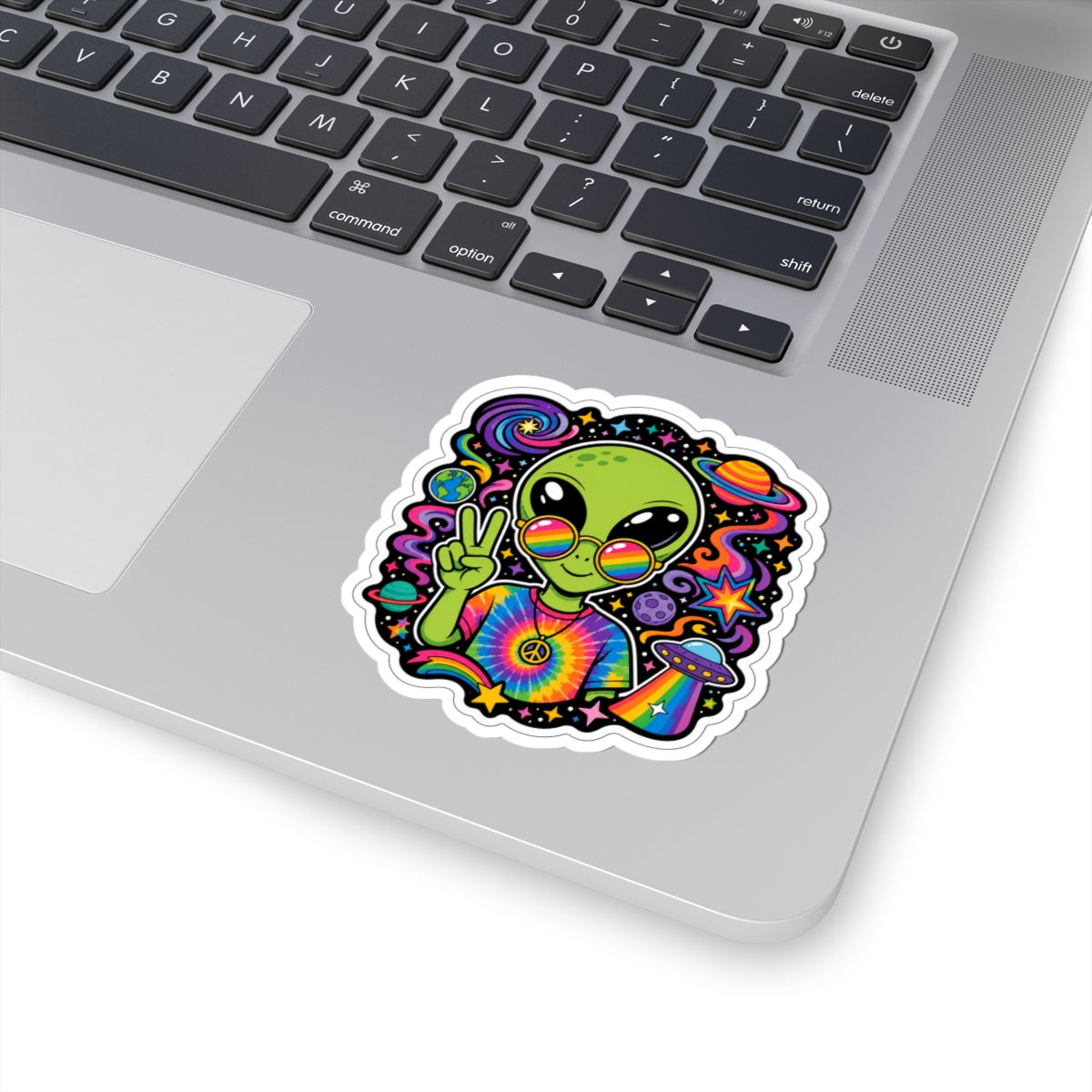 Psychedelic Alien Peace Sticker — Rainbow Tie-Dye UFO Kiss-Cut Decal