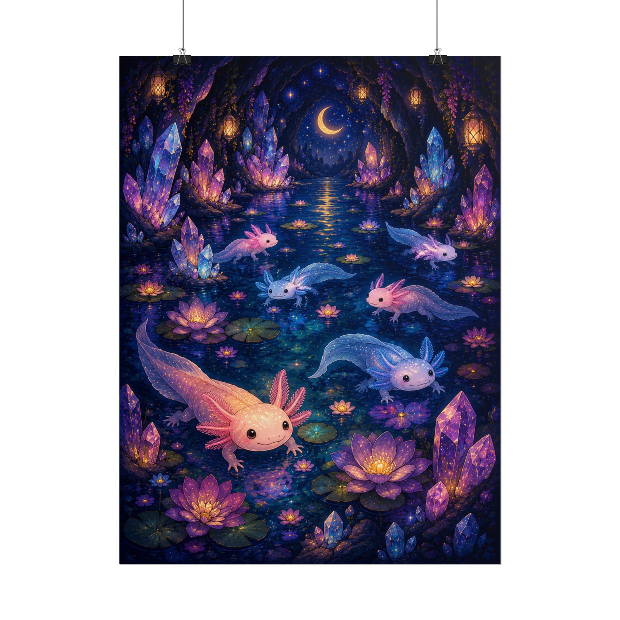 Axolotl Nightscape Poster — Fantasy Moonlit Aquatic Art Print