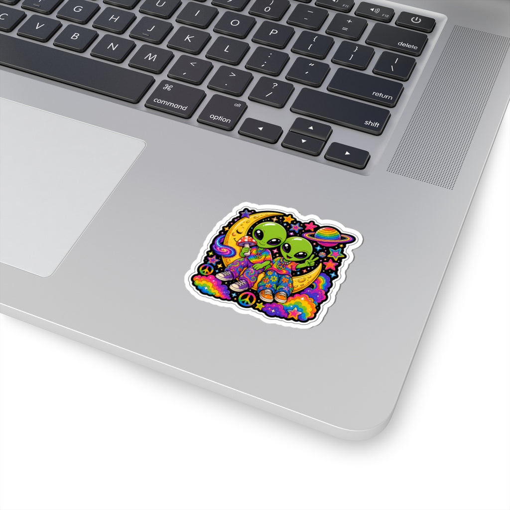 Psychedelic Alien Friends Sticker — Peace Sign, Rainbow Moon Kiss-Cut Sticker