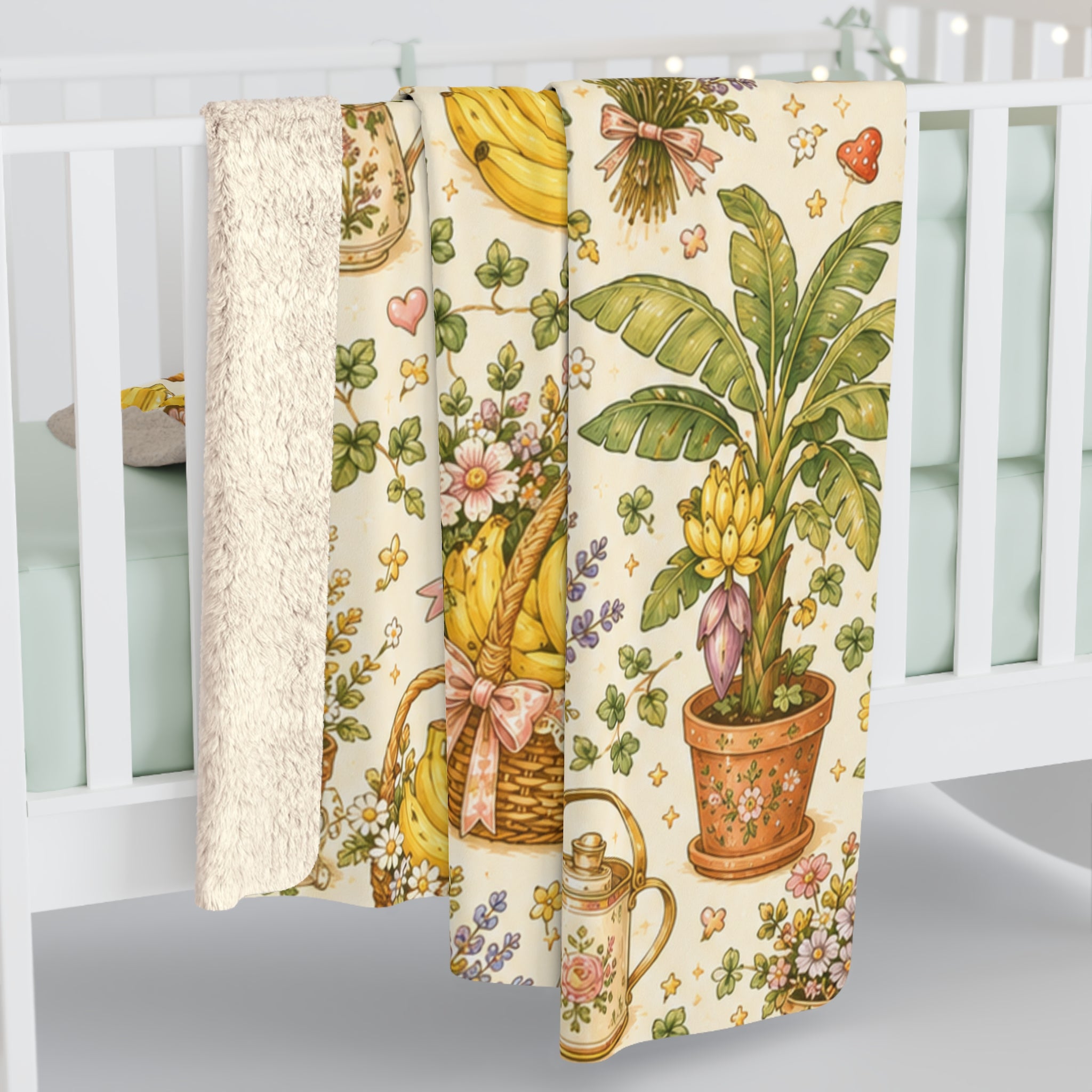Vintage Banana Sherpa Blanket — Cozy Garden Basket Fleece Throw