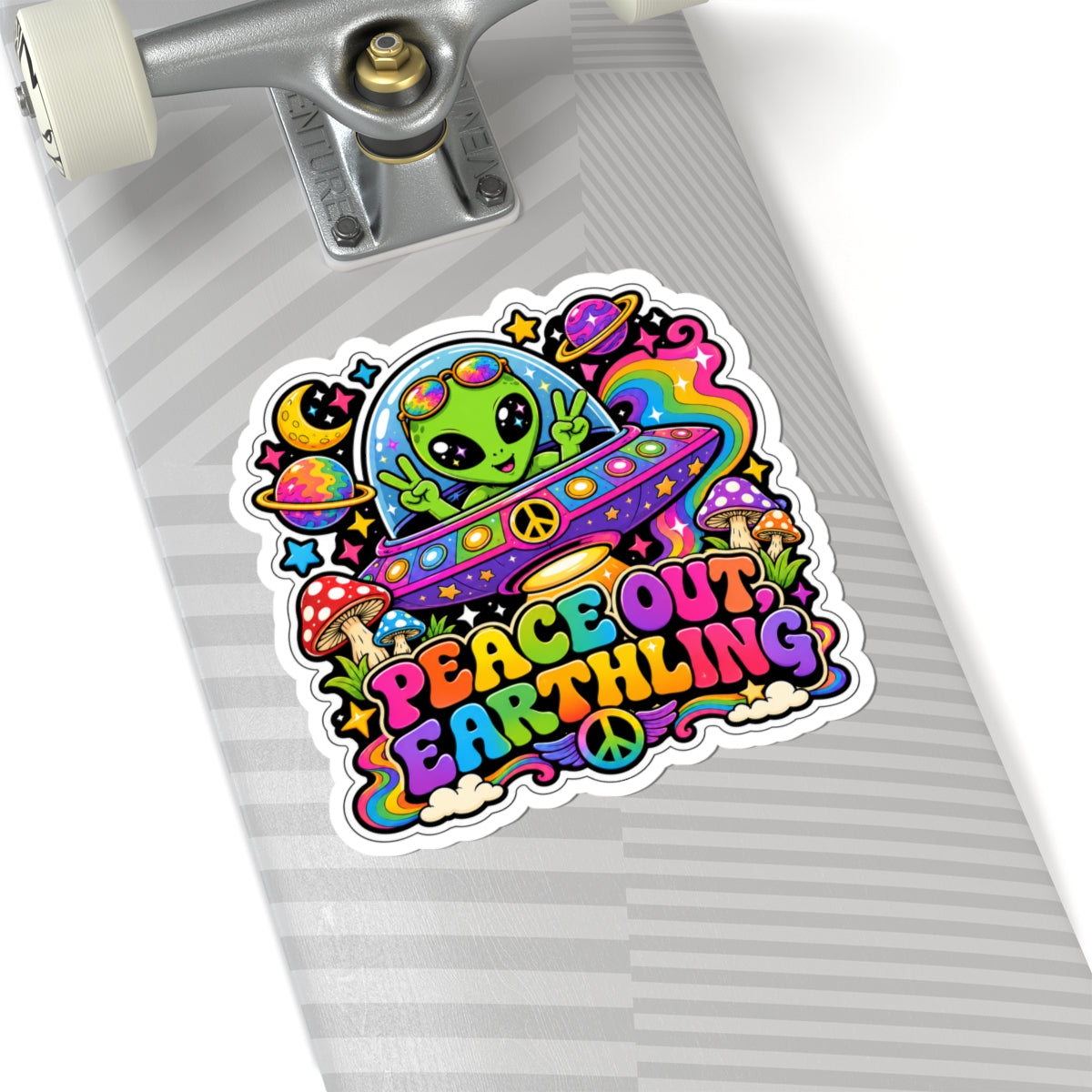 Peace Out Earthling Alien Sticker — Colorful Psychedelic UFO Kiss-Cut Sticker