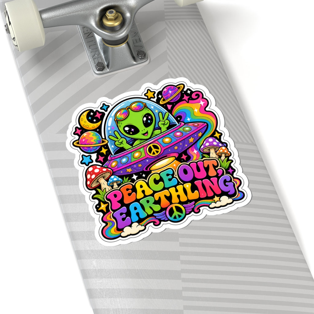 Peace Out Earthling Sticker — Retro Psychedelic Alien Kiss-Cut Vinyl