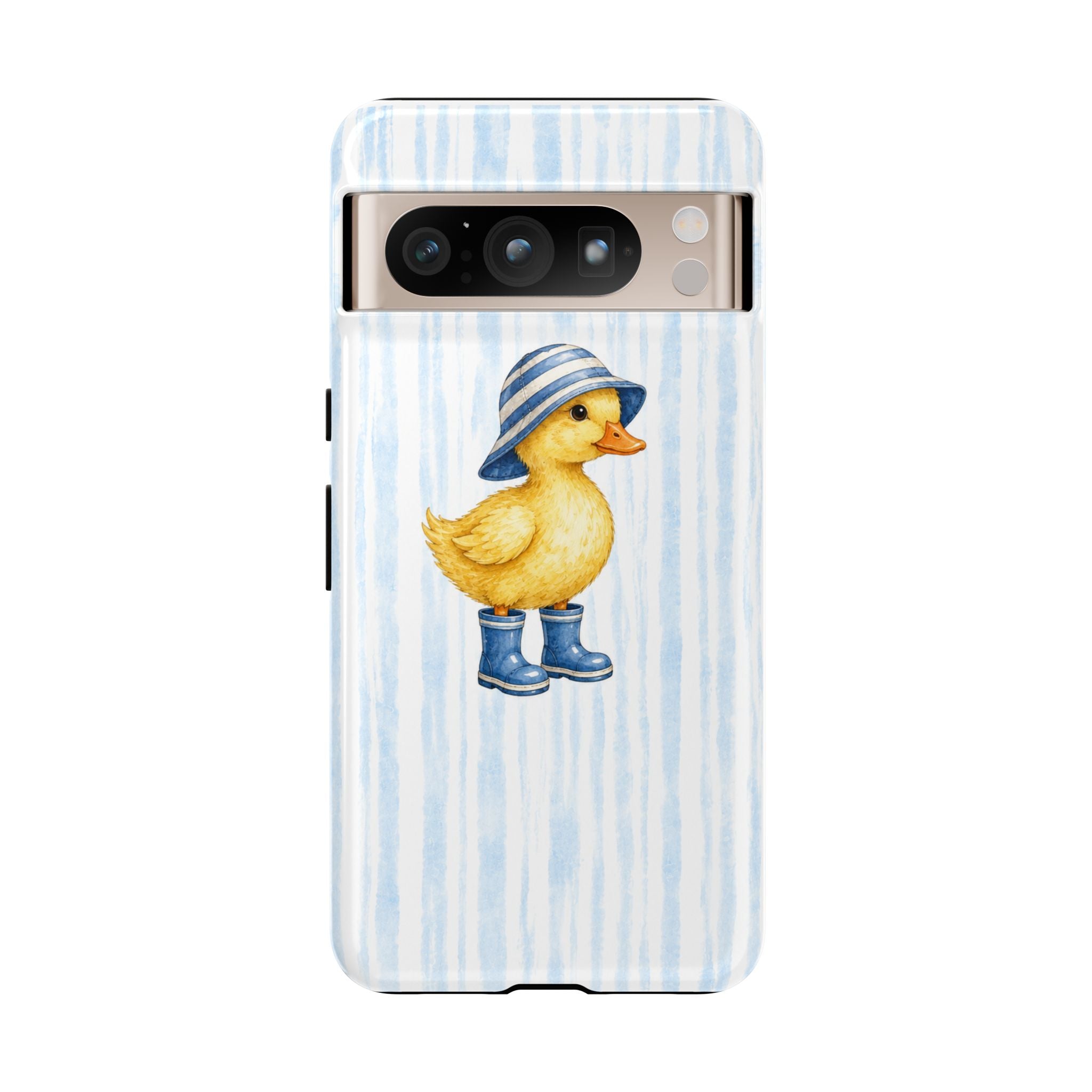 Cute Duckling Phone Case – Baby Blue Stripes with Duck in Hat & Boots