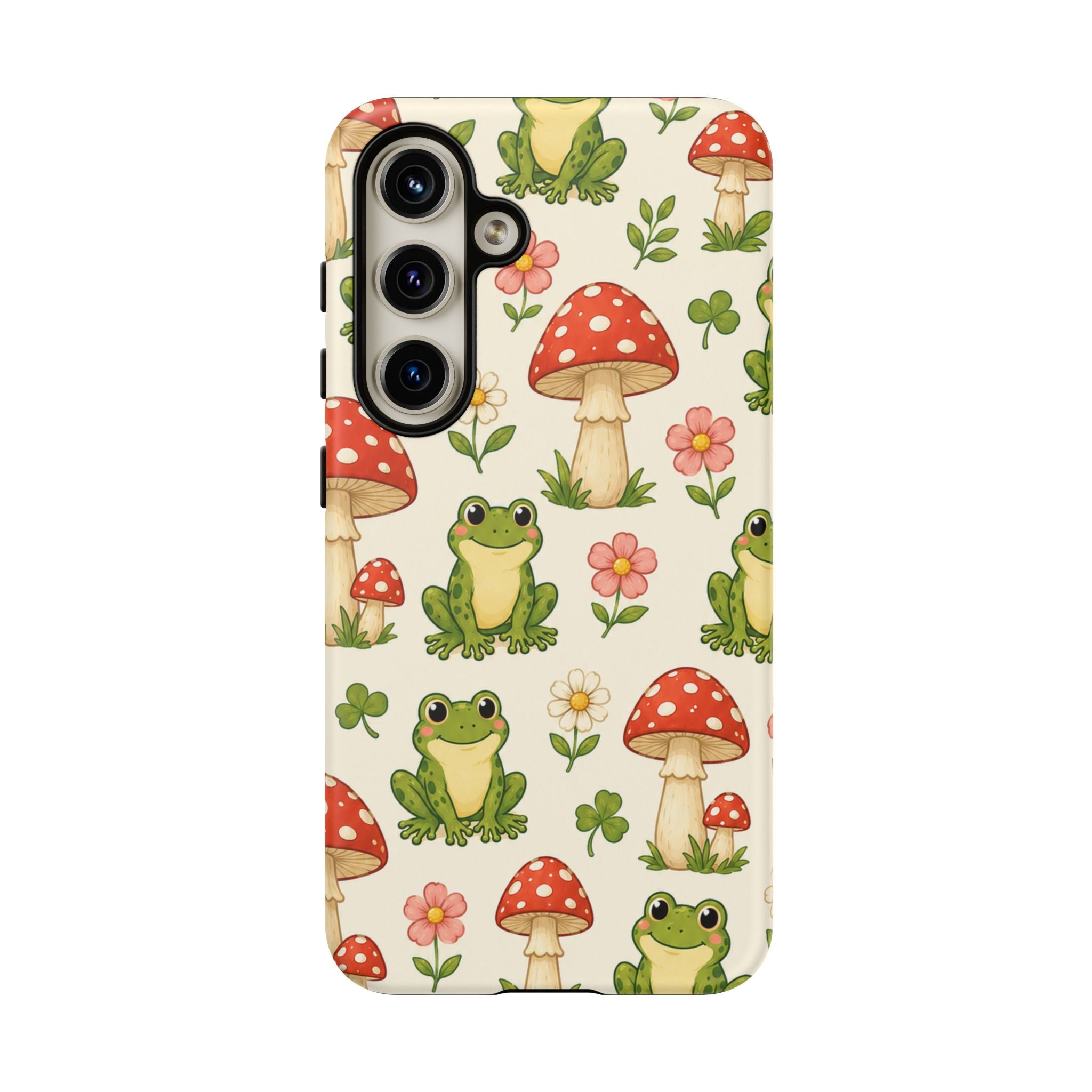 Kawaii Frog & Red Capped Mushroom Phone Case – Cute Nature Pattern Protective Cover