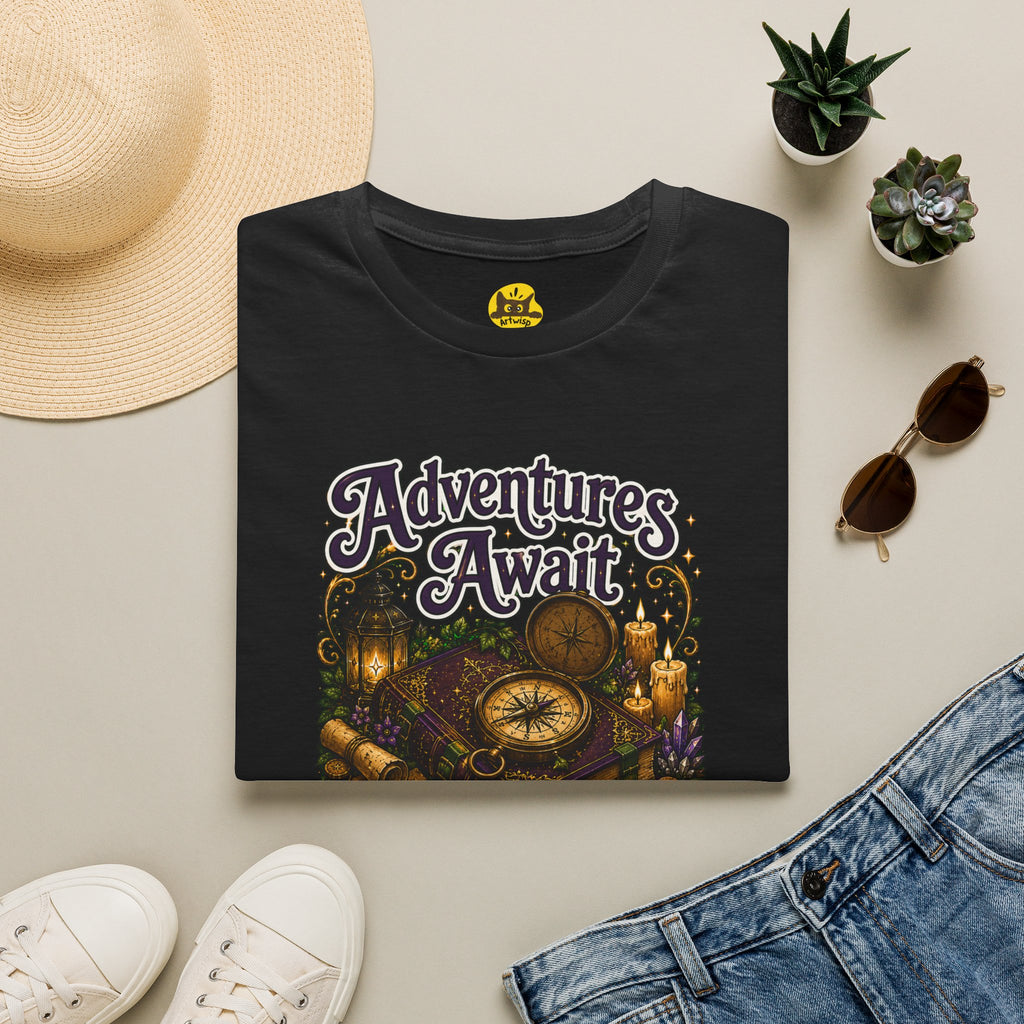 T-Shirt — "Adventures Await" Compass & Candle Travel Graphic