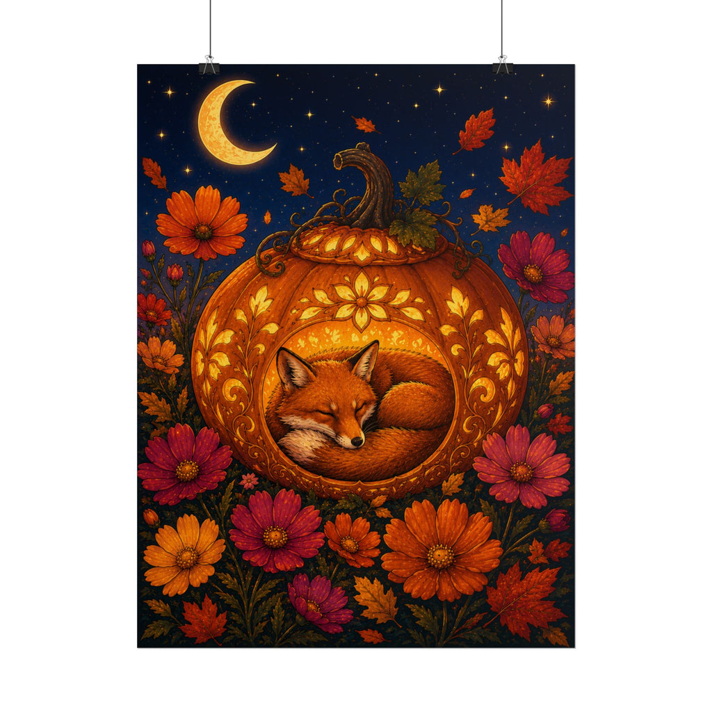 Autumn Fox in Pumpkin Rolled Poster — Cozy Fall Wall Art for Halloween & Seasonal Decor