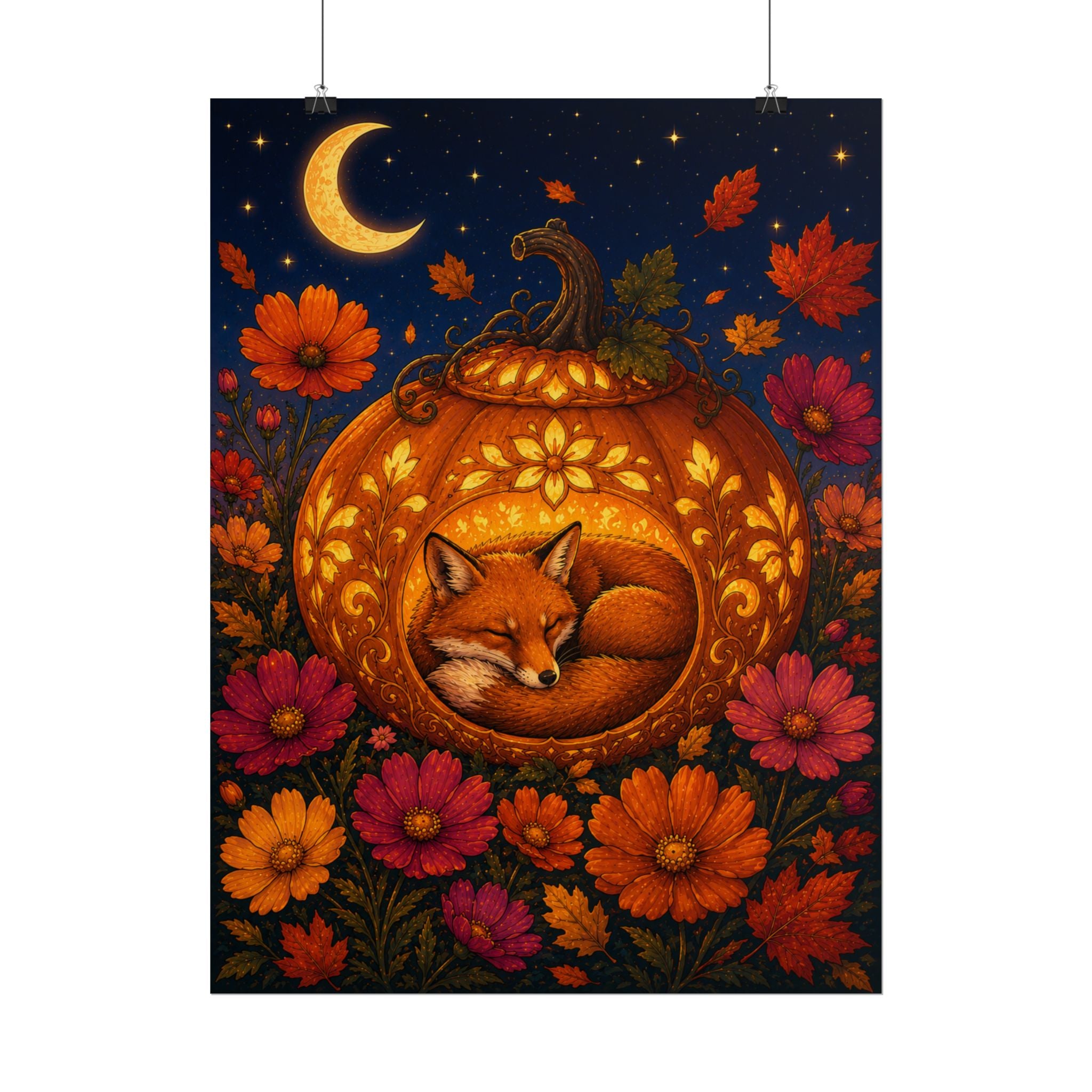 Autumn Fox in Pumpkin Rolled Poster — Cozy Fall Wall Art for Halloween & Seasonal Decor