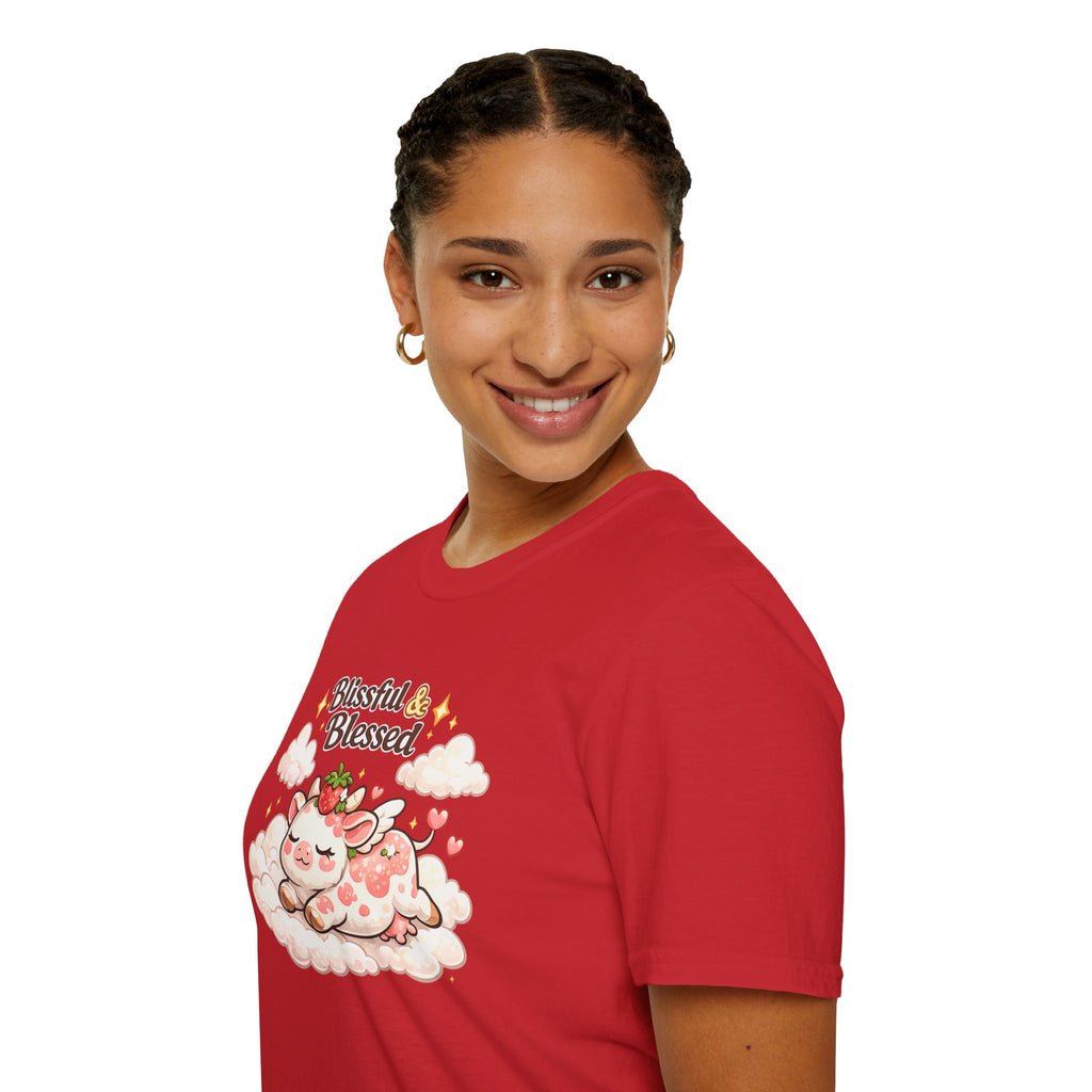 Blissful & Blessed Cute Strawberry Cow T-Shirt — Cozy Gift Tee