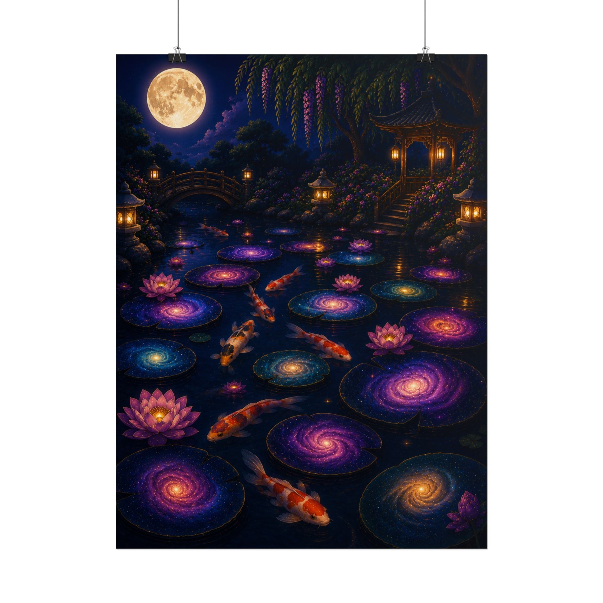 Koi Galaxy Pond Rolled Poster — Moonlit Lotus & Starry Swirls Wall Art