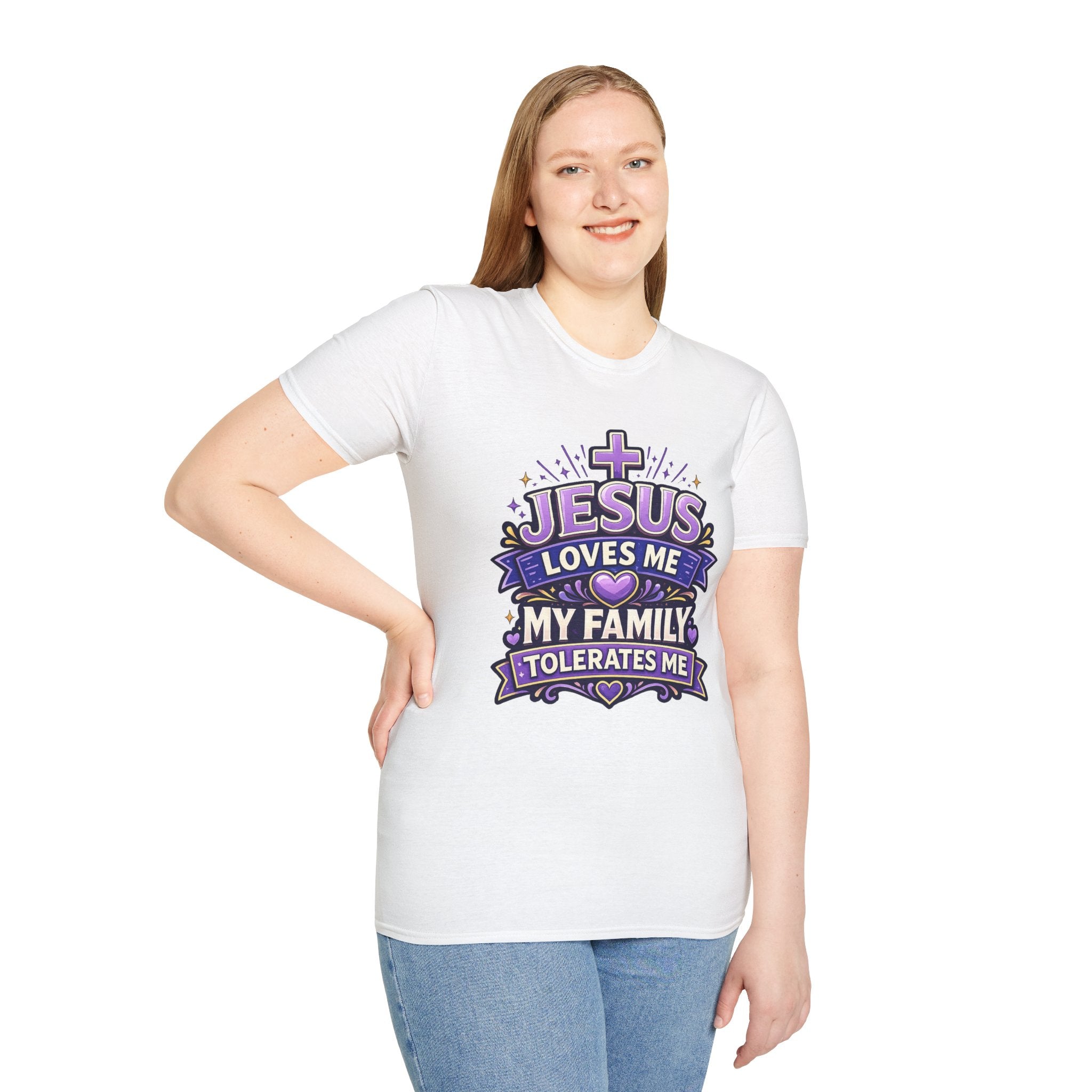 Christian T-Shirt — "Jesus Loves Me, My Family Tolerates Me" Graphic Tee