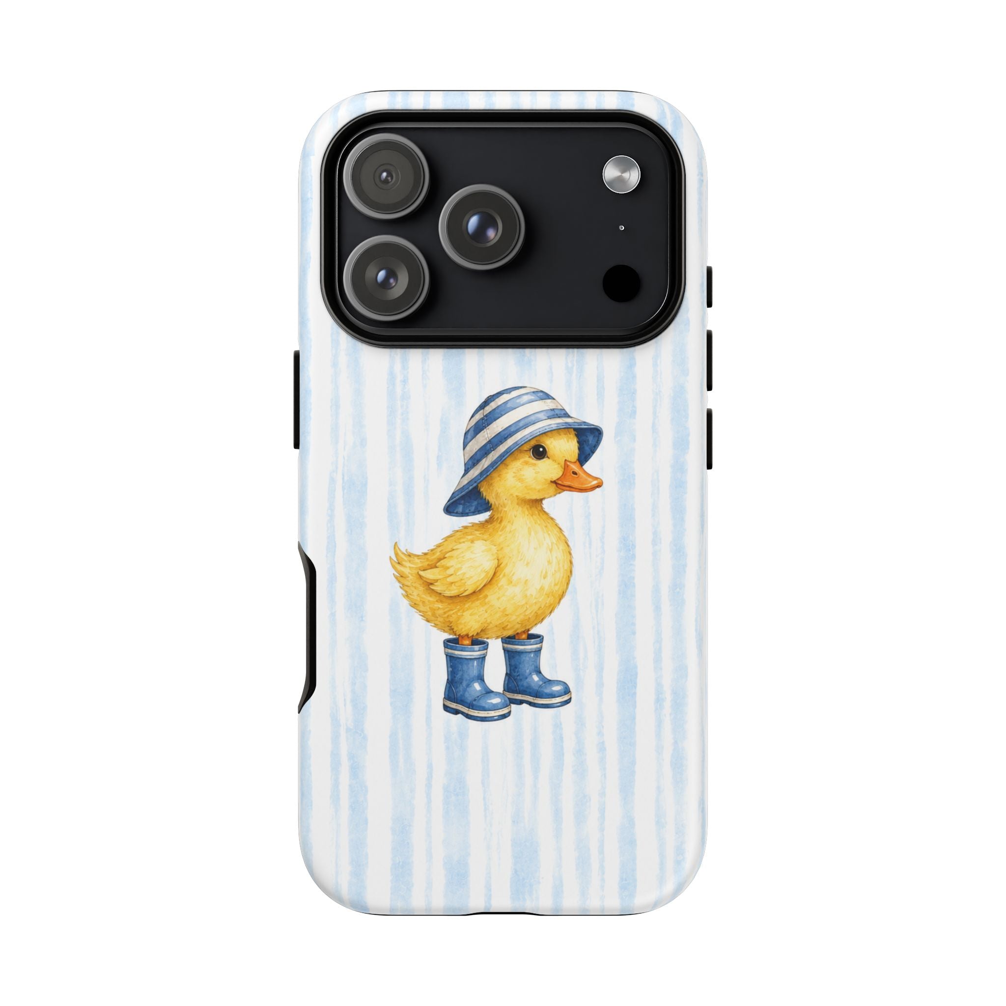 Cute Duckling Phone Case – Baby Blue Stripes with Duck in Hat & Boots