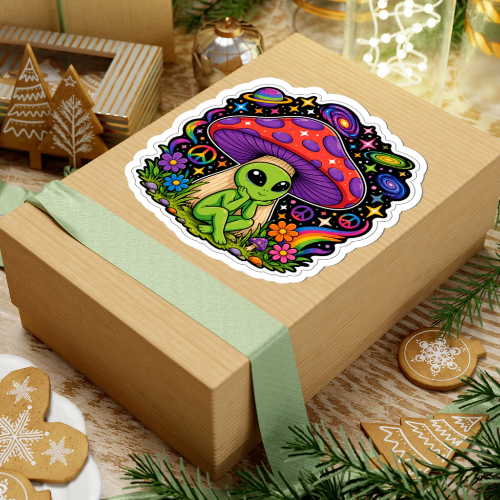 Psychedelic Alien Mushroom Sticker — Cute Retro Space & Peace Sign Kiss-Cut Decal