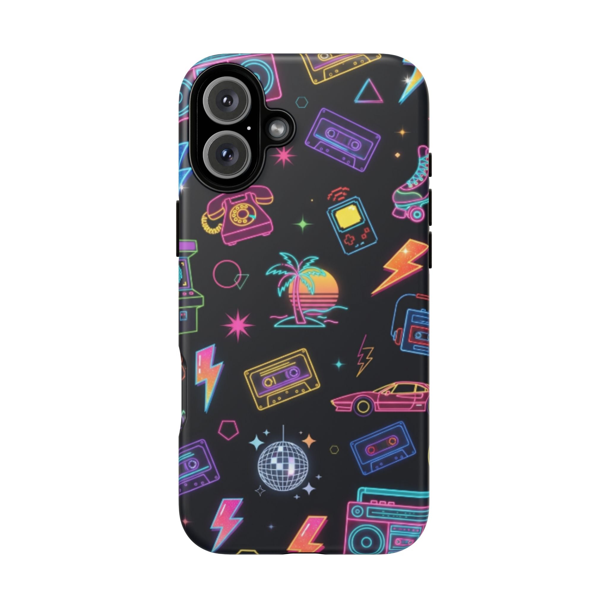 Retro Neon 80s Phone Case — Cassette, Roller Skate & Palm Tree Pattern