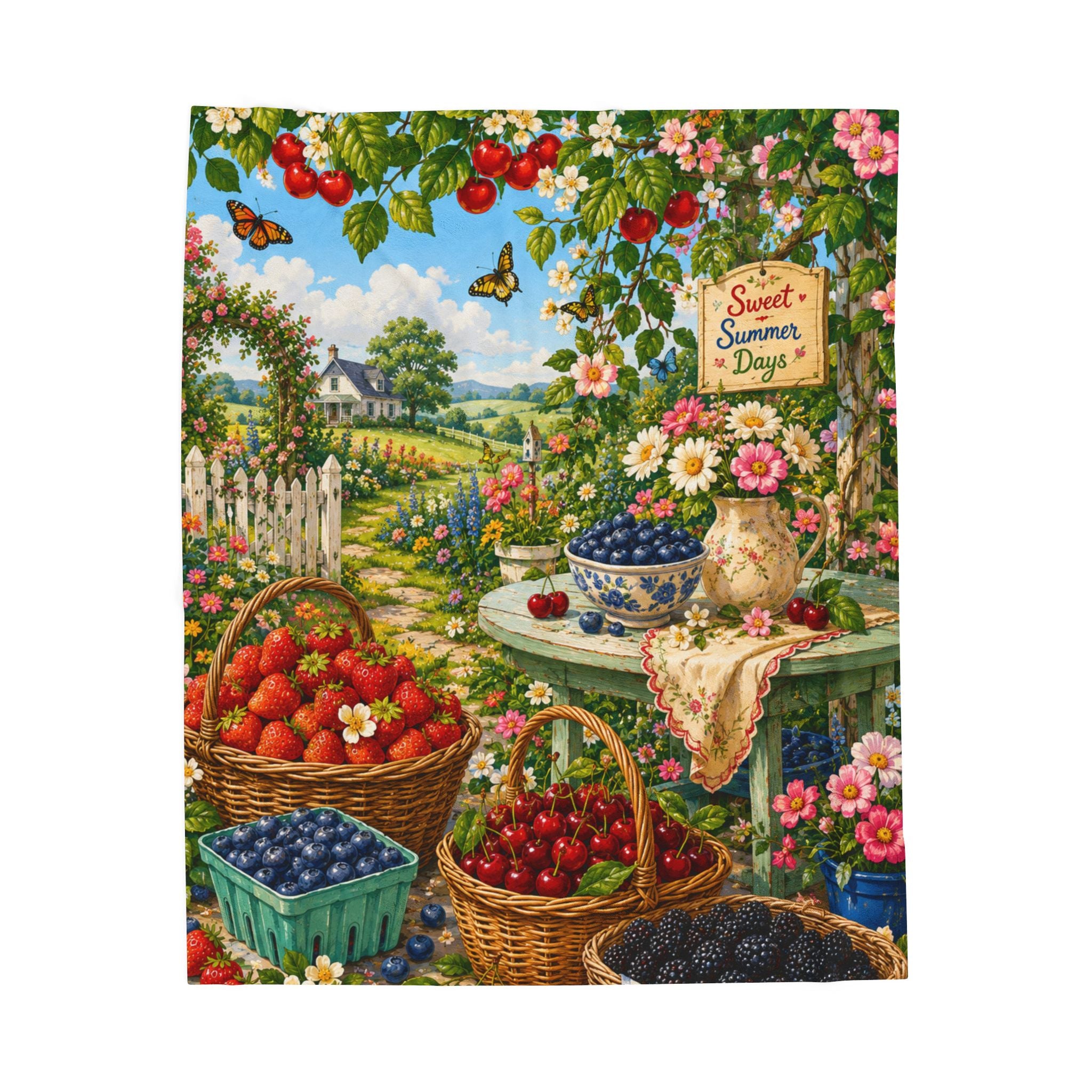 Velveteen Blanket — "Sweet Summer Days" Cottage Garden Berry Print Plush Throw