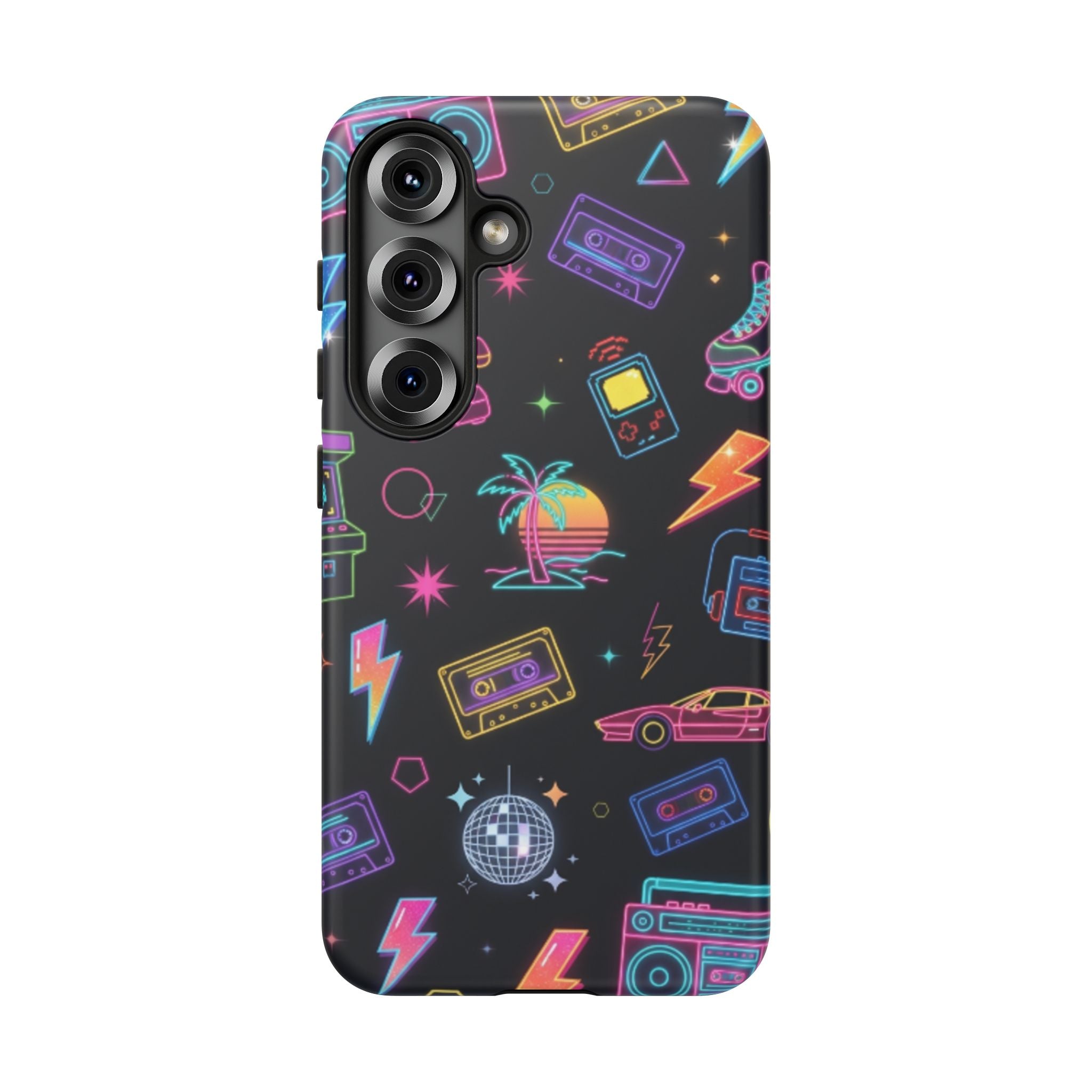 Retro Neon 80s Phone Case — Cassette, Roller Skate & Palm Tree Pattern