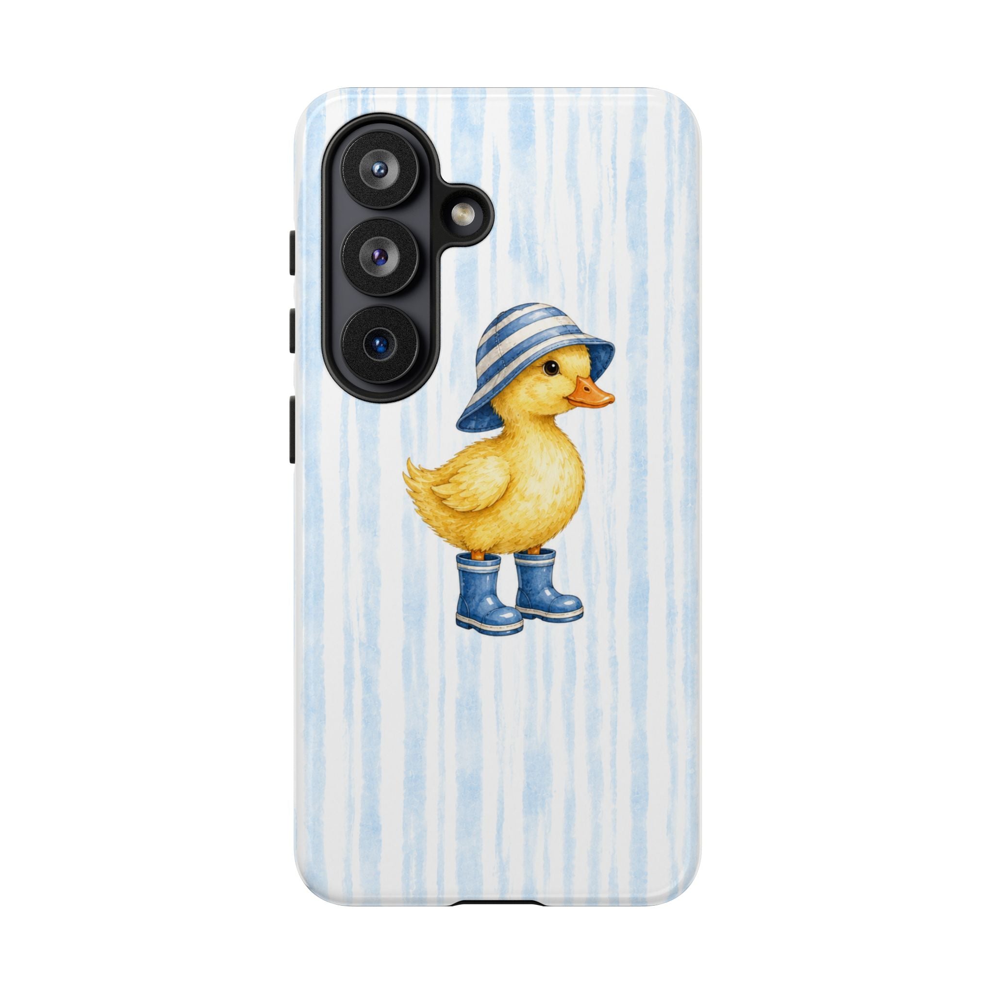 Cute Duckling Phone Case – Baby Blue Stripes with Duck in Hat & Boots
