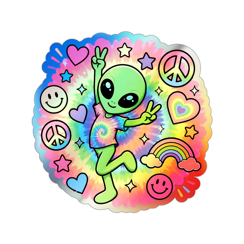 Holographic Alien Peace Sticker — Tie-Dye Vibe Die-Cut Sticker #06
