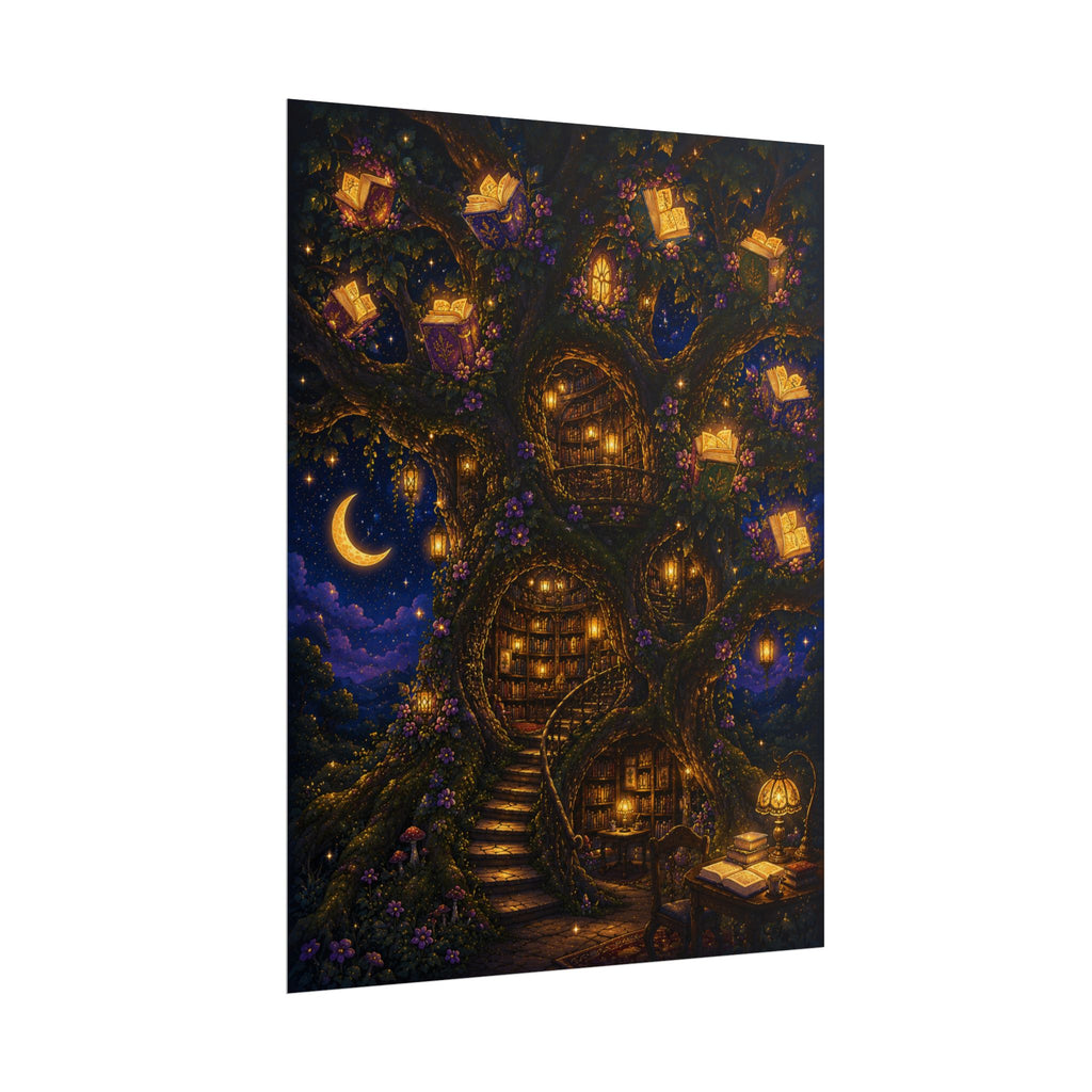 Fantasy Tree Library Poster — Magical Night Book Nook Wall Art
