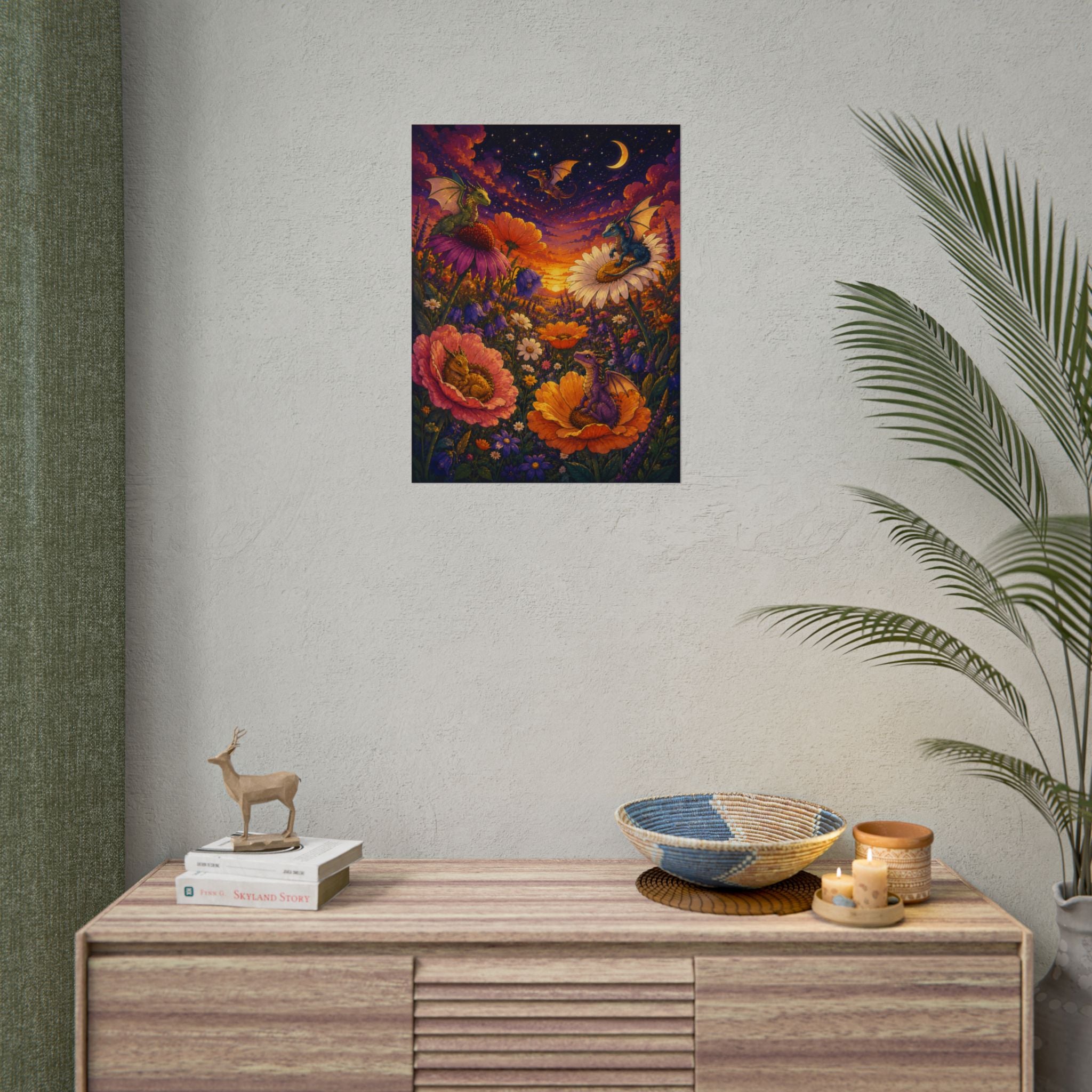 Fantasy Dragon Garden Poster — Whimsical Night Sky Floral Art Print (Rolled)