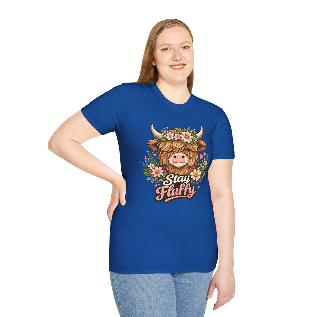 Highland Cow "Stay Fluffy" T-Shirt — Floral Highland Cattle Graphic Tee