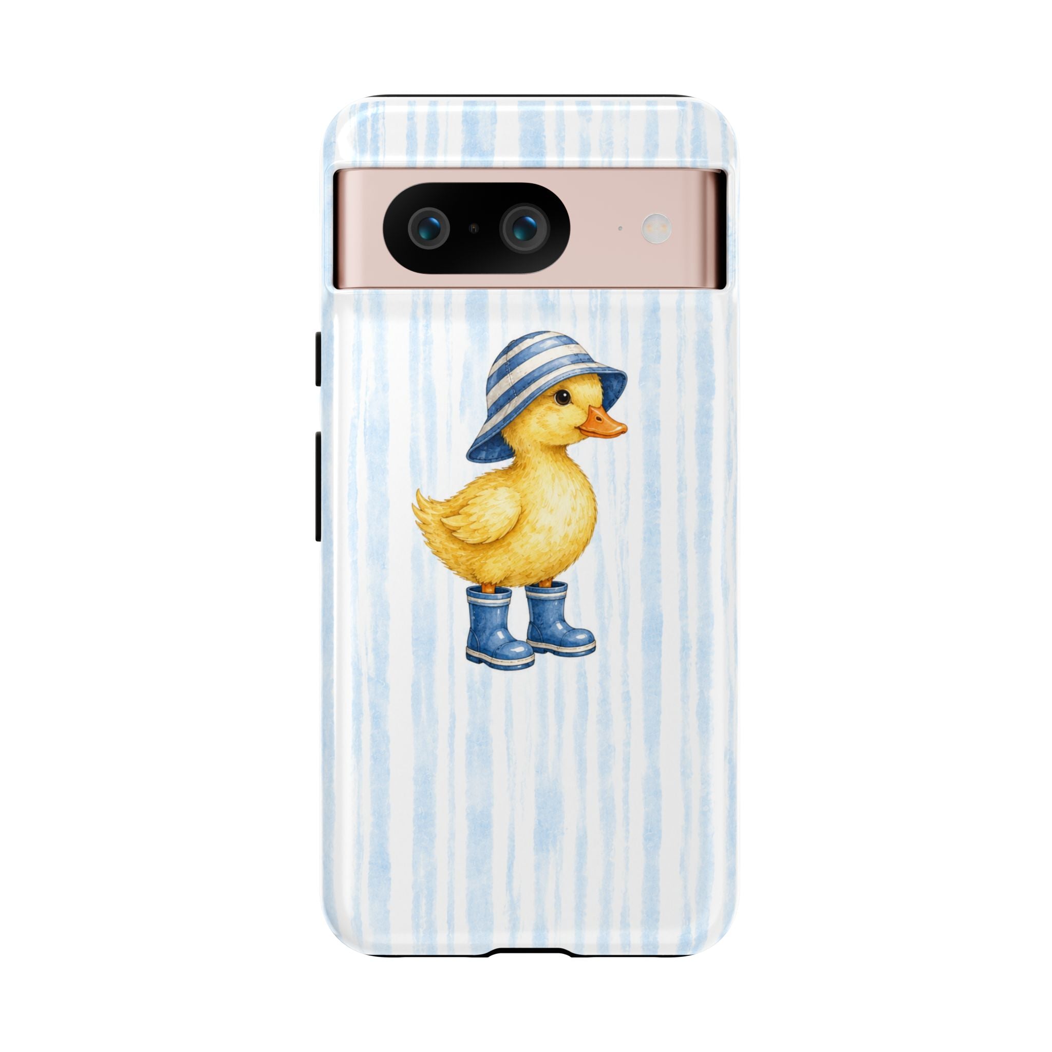 Cute Duckling Phone Case – Baby Blue Stripes with Duck in Hat & Boots