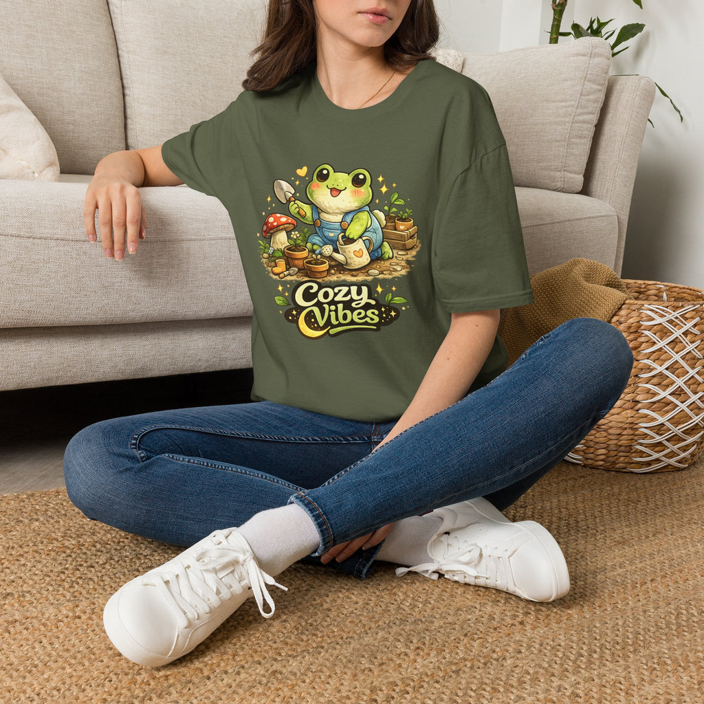 Cozy Garden Frog T-Shirt — Cute "Cozy Vibes" Gardening Tee