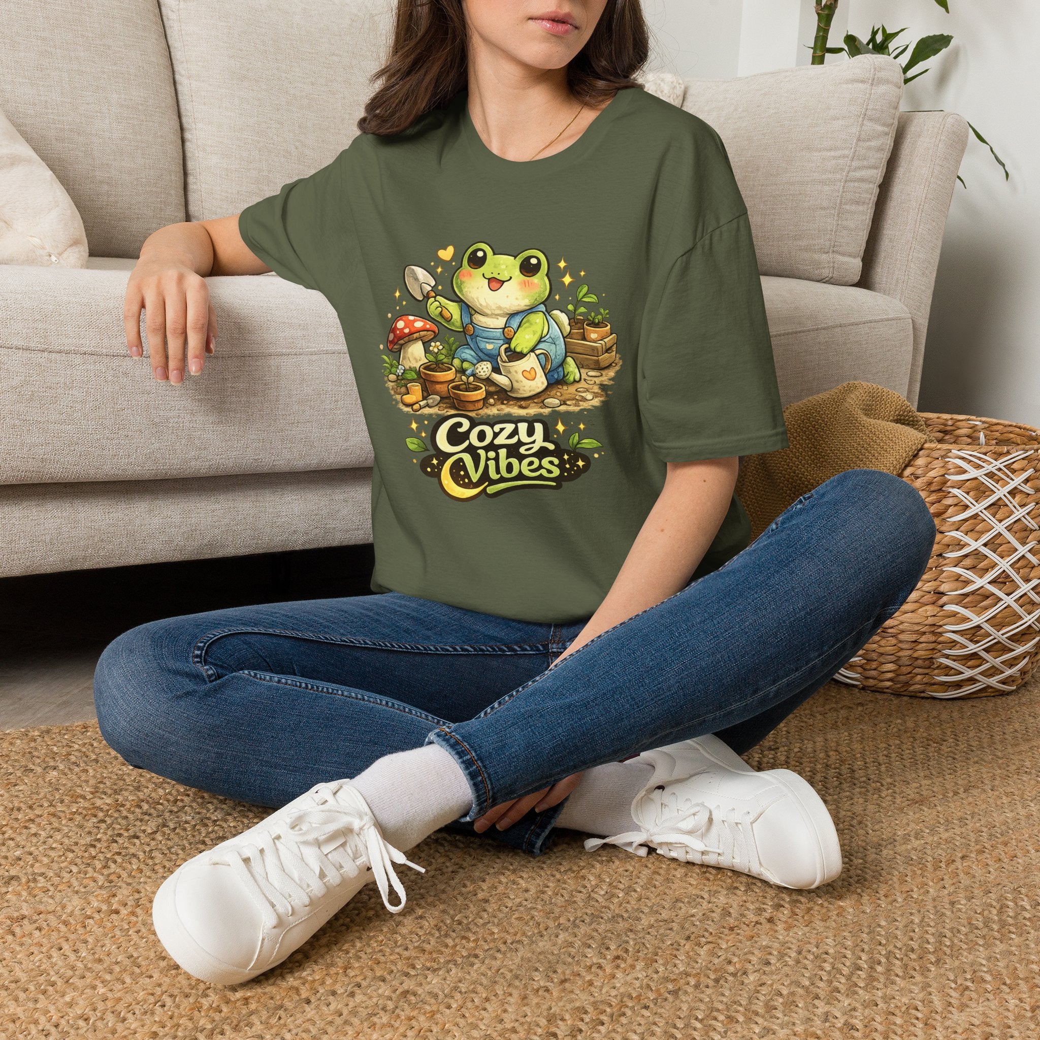 Cozy Garden Frog T-Shirt — Cute "Cozy Vibes" Gardening Tee
