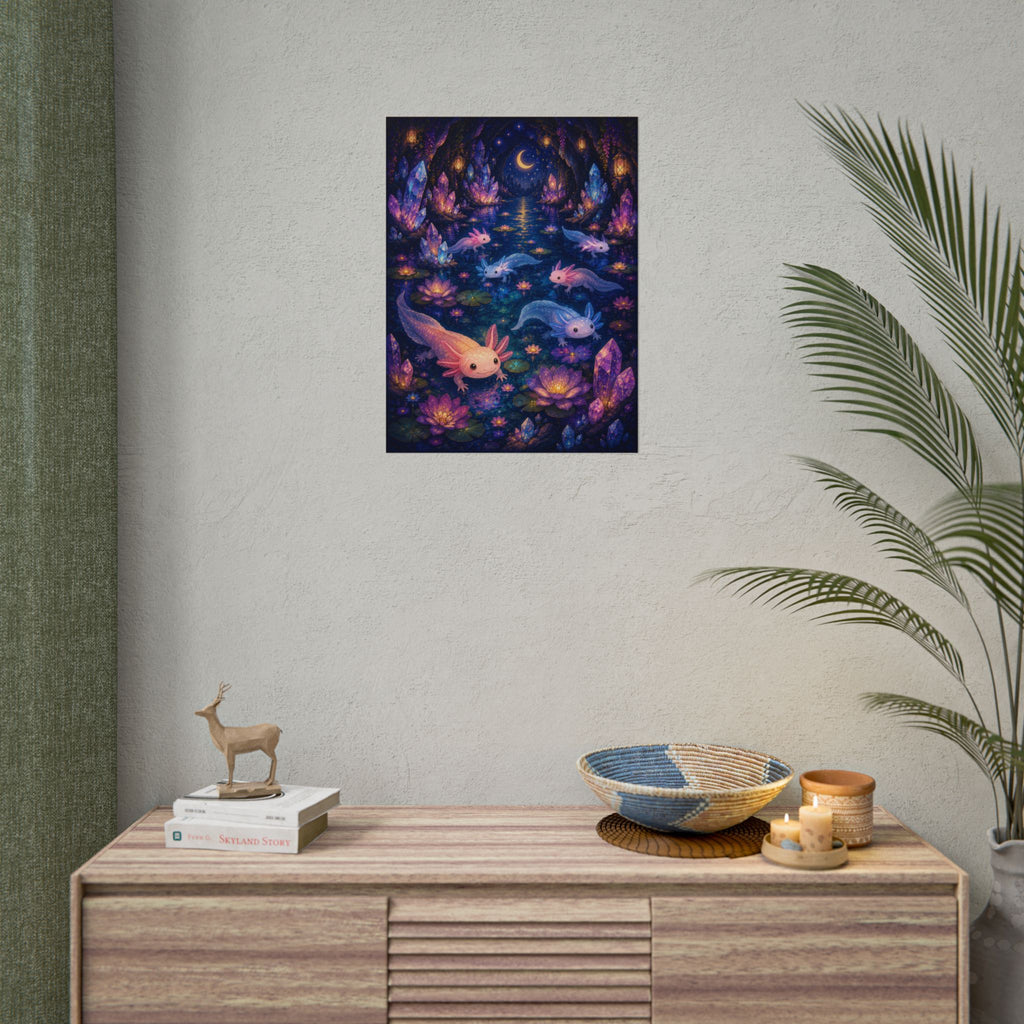 Axolotl Nightscape Poster — Fantasy Moonlit Aquatic Art Print