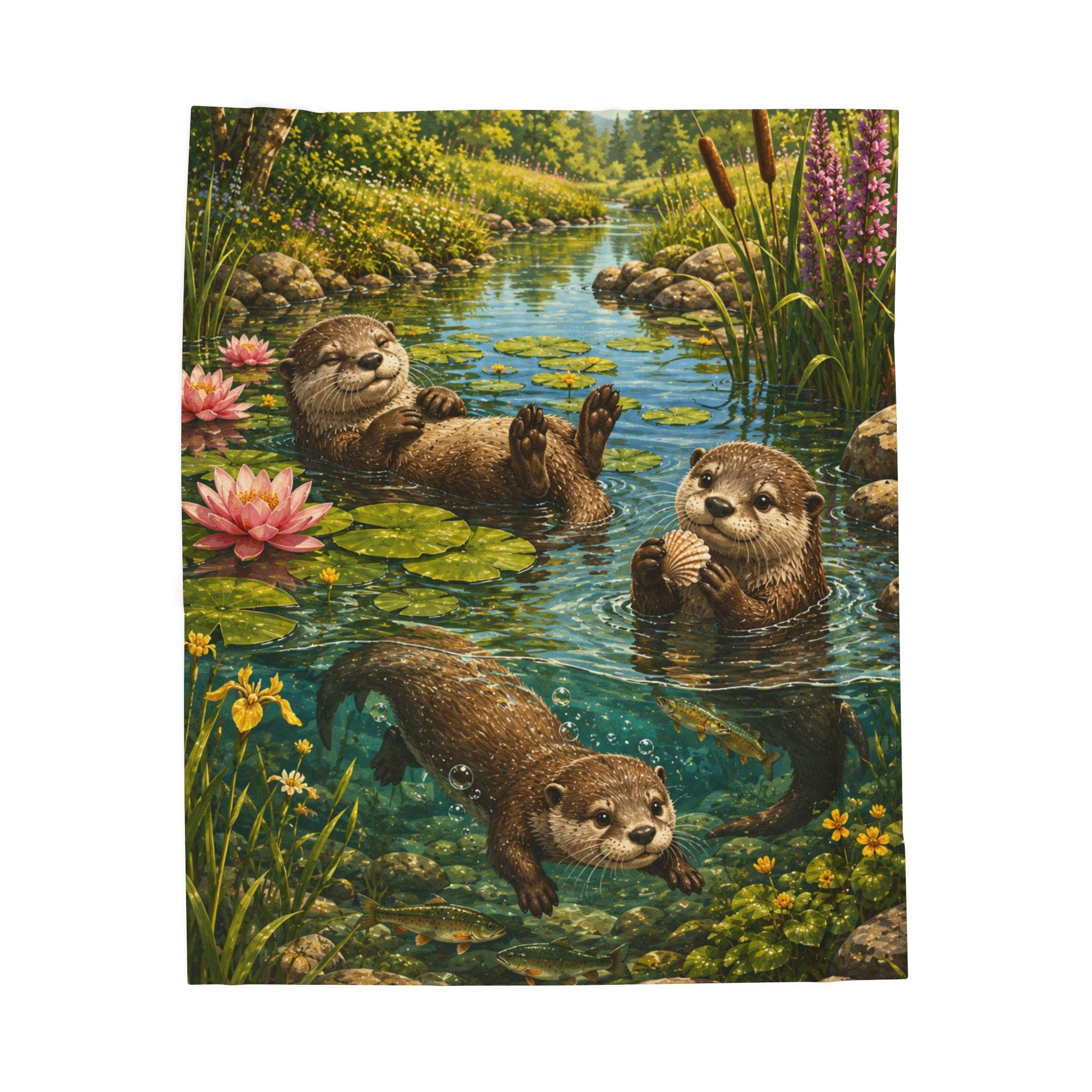 Otter Pond Velveteen Plush Blanket — Cozy Floral River Animal Throw