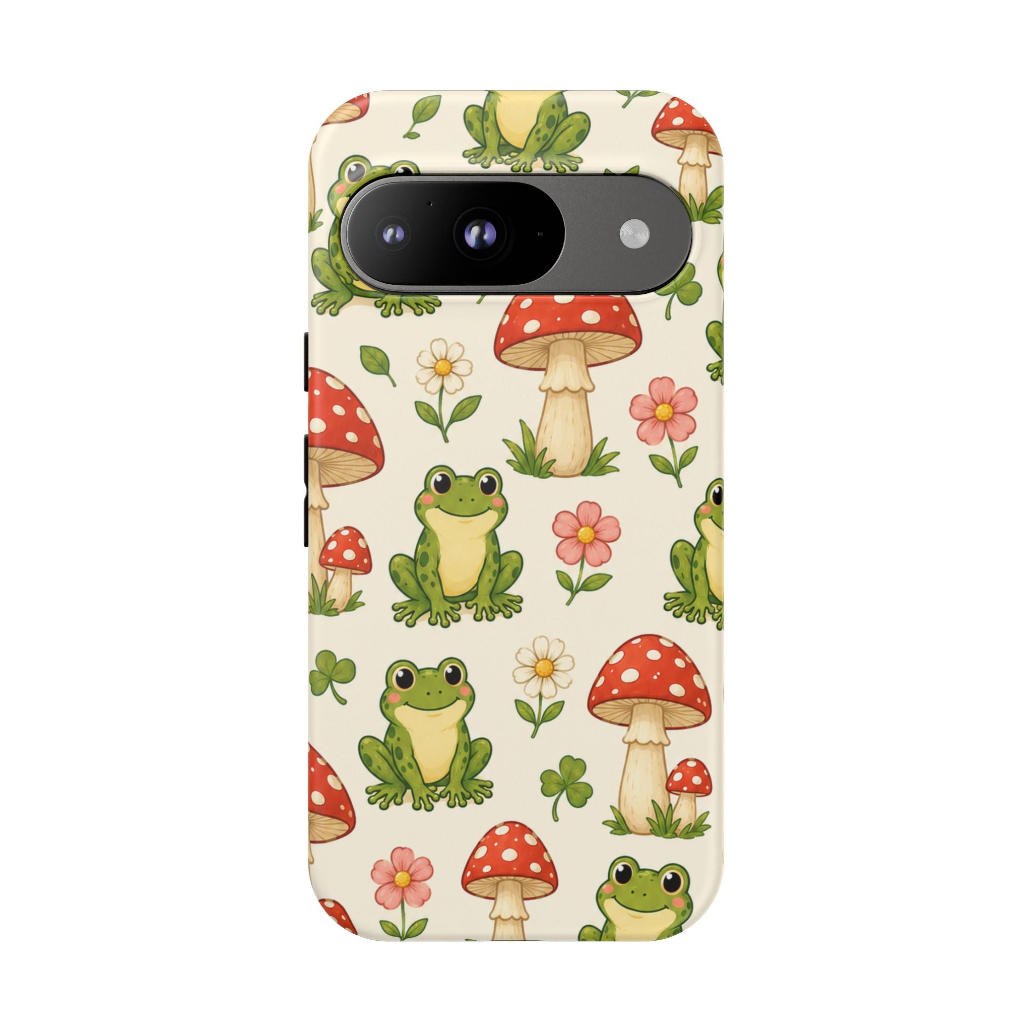 Kawaii Frog & Red Capped Mushroom Phone Case – Cute Nature Pattern Protective Cover