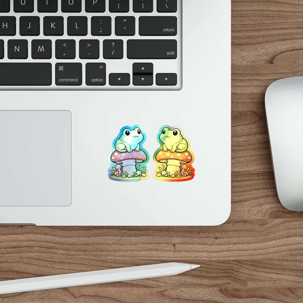 Holographic Frog on Mushroom Die-Cut Sticker — Cute Kawaii Vinyl Decal