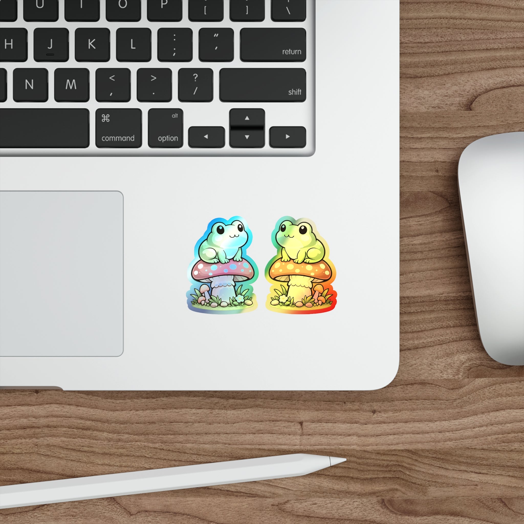 Holographic Frog on Mushroom Die-Cut Sticker — Cute Kawaii Vinyl Decal